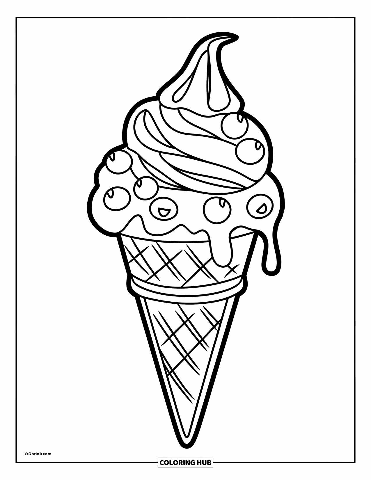 Coloriage de myrtille pour enfants : Un cornet de crème glacée crémeuse à la myrtille avec des gouttes qui se forment sur les bords