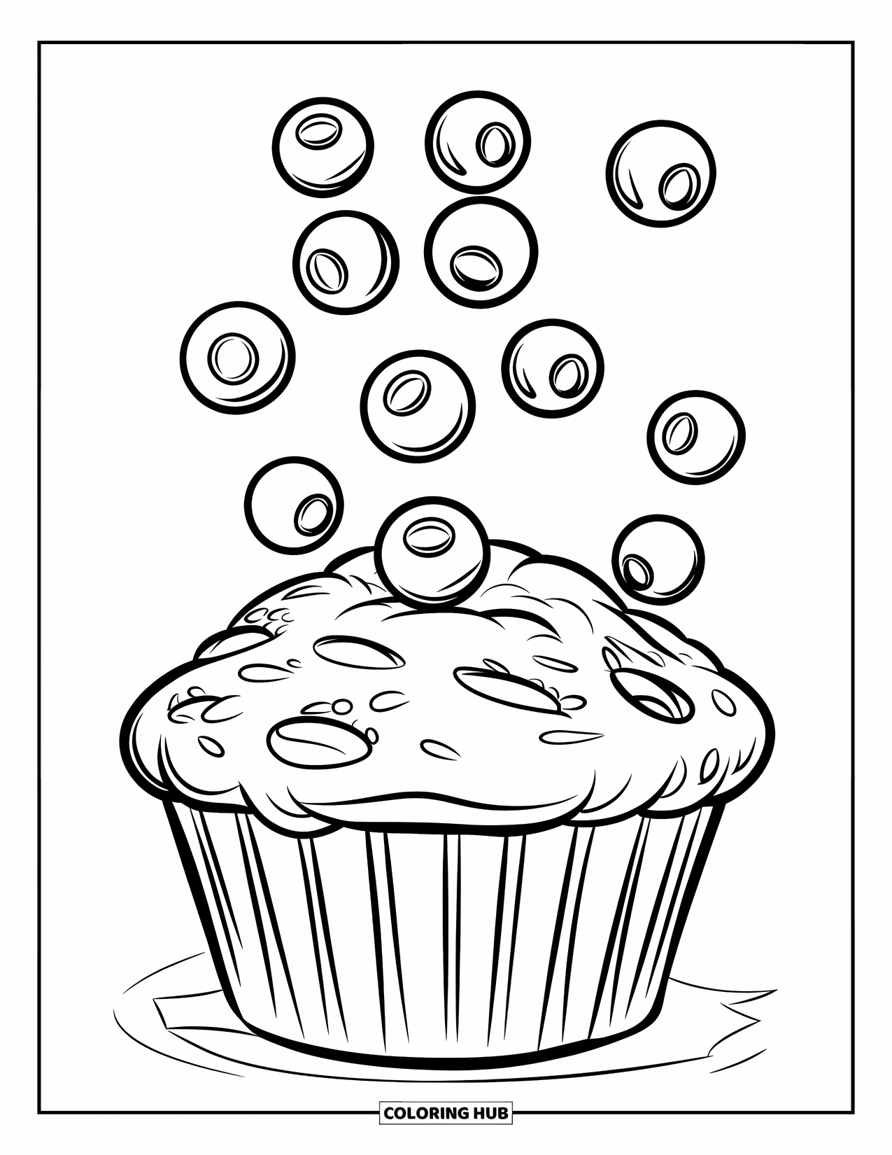 Coloriage de myrtille pour enfants : Un muffin moelleux aux myrtilles, avec des baies qui dégringolent, atterrit sur une assiette douillette