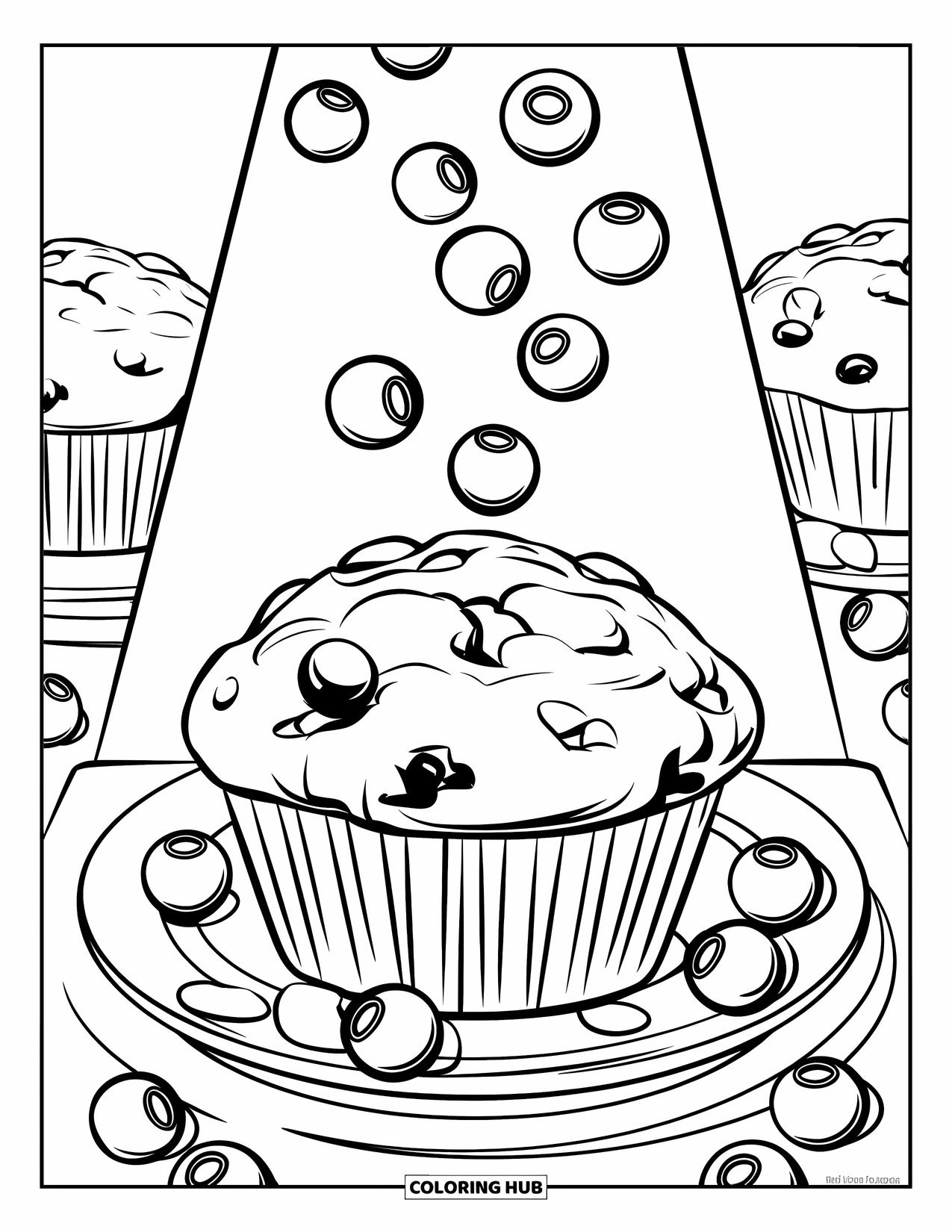 Coloriage de myrtille pour enfants : Un muffin fraîchement cuit déborde de myrtilles dodues tandis que d’autres tombent d’en haut