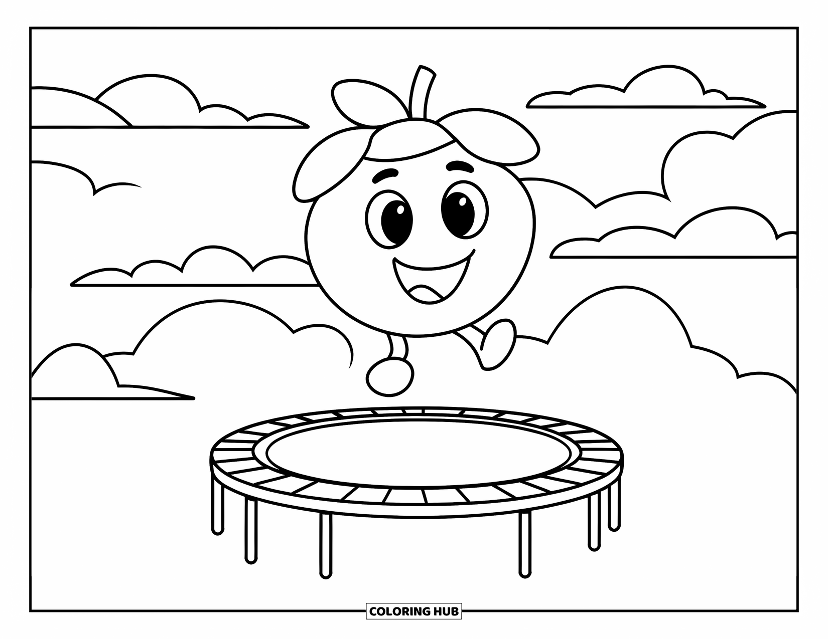 Coloriage de myrtille pour enfants : Une myrtille gloussante saute sur un trampoline, s’éclatant au grand air