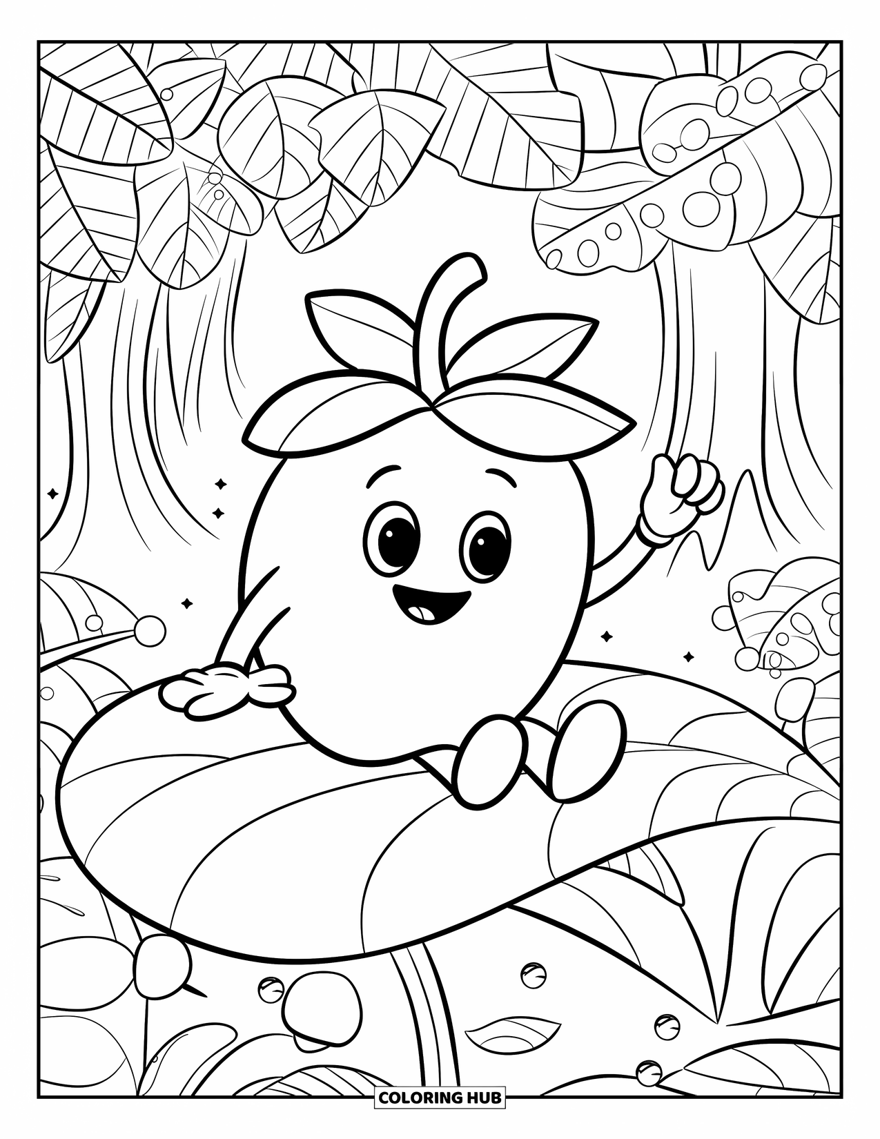 Coloriage de myrtille pour enfants : Une myrtille joyeuse lève une main en signe de salutation enthousiaste