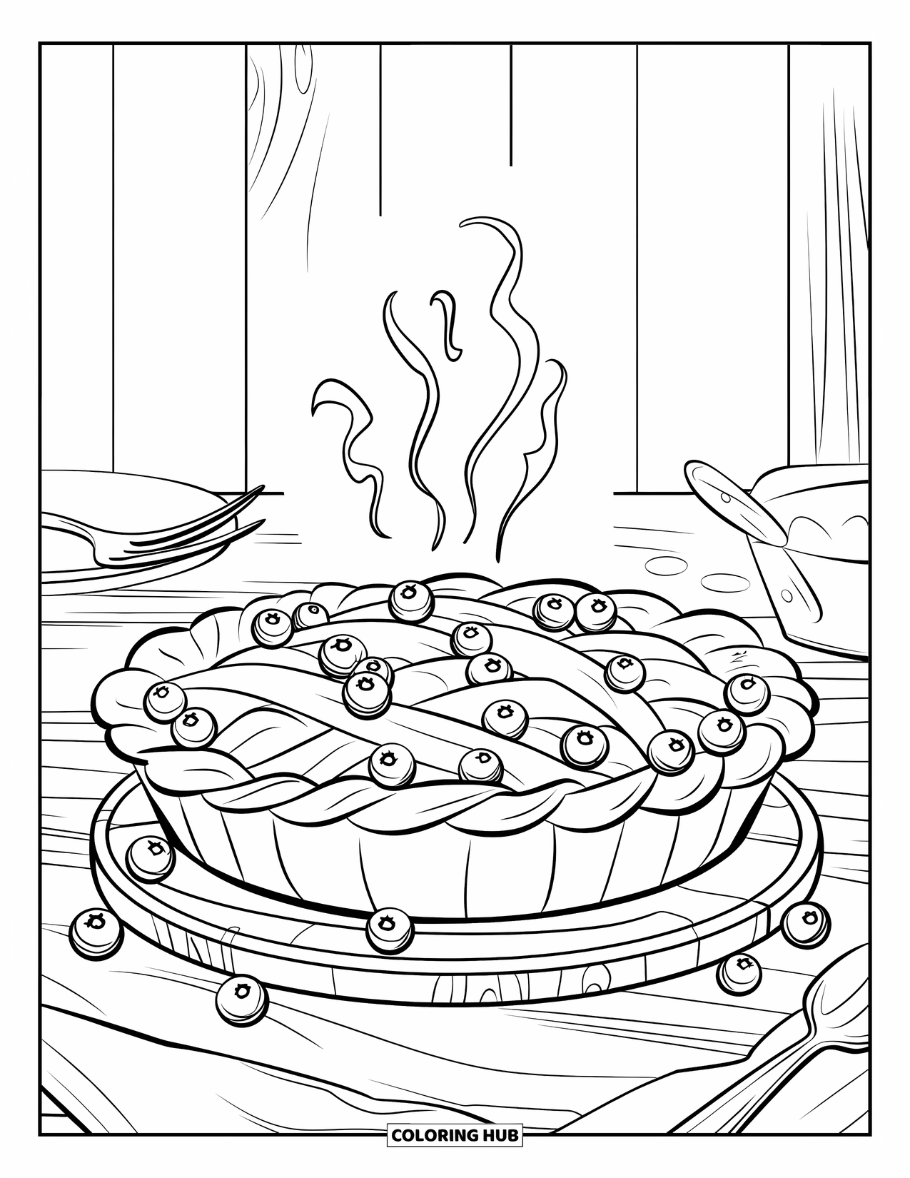 Coloriage de myrtille pour enfants : Une tarte aux myrtilles à croisillons refroidit sur une table en bois, débordant de garniture sucrée