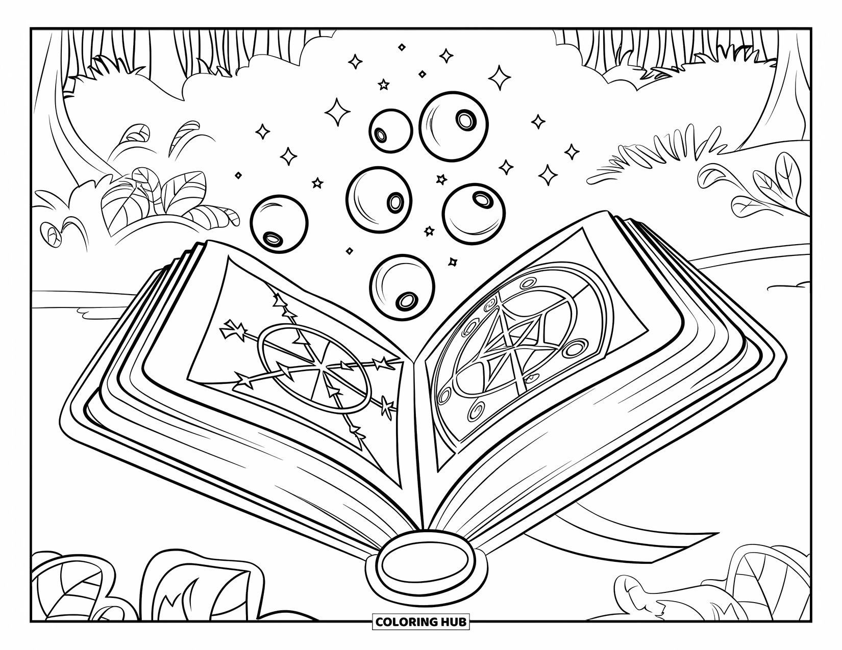 Coloriage de myrtille pour enfants : Un grimoire mystique avec des myrtilles flottantes rayonne d’enchantement dans une clairière