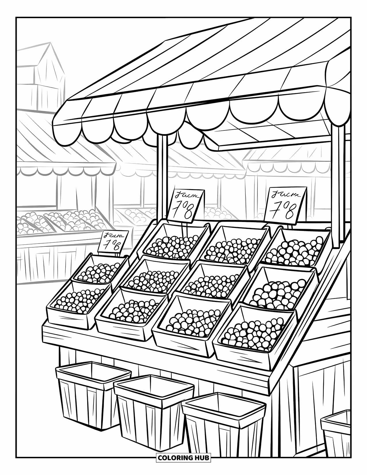 Coloriage de myrtille pour enfants : Un stand de myrtilles vintage est installé dans une rue pavée, invitant les visiteurs à flâner