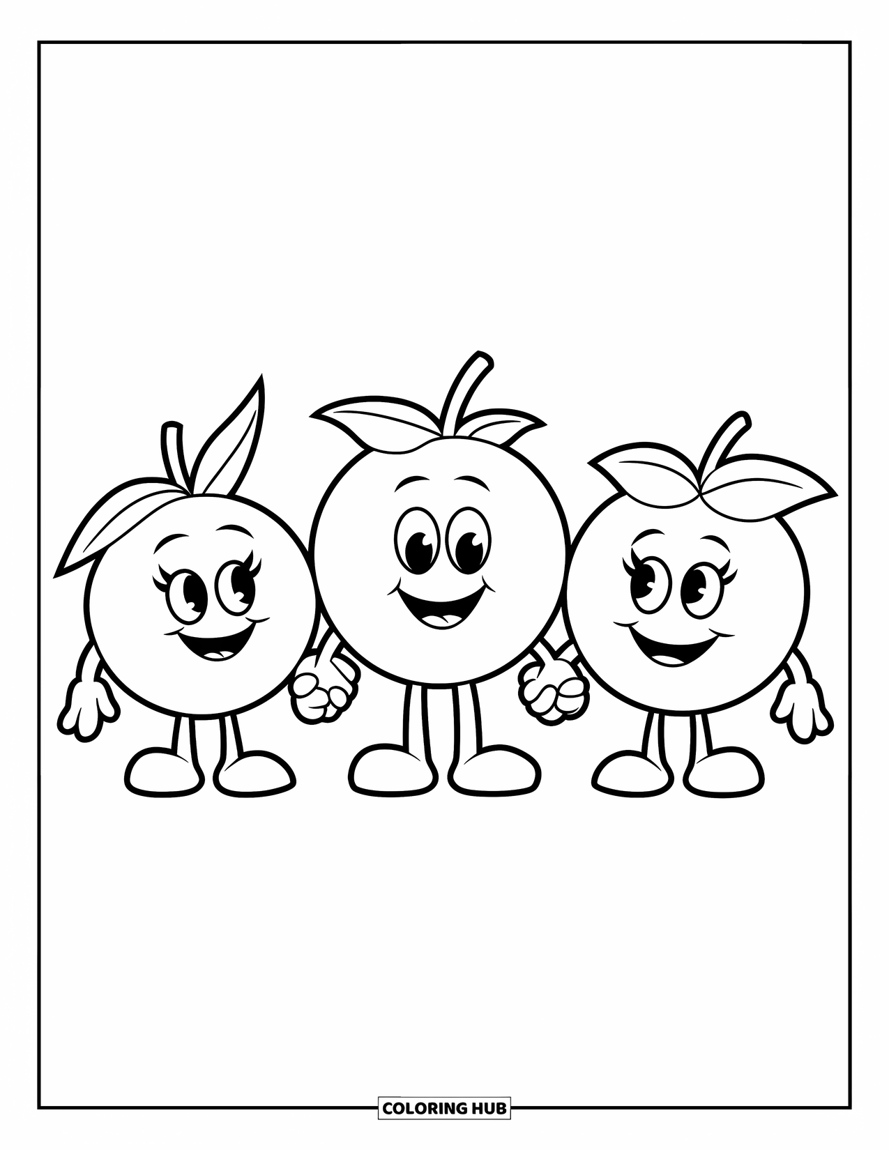 Coloriage de myrtille pour enfants : Trois myrtilles souriantes se tiennent la main, répandant le bonheur dans une scène ludique et joyeuse