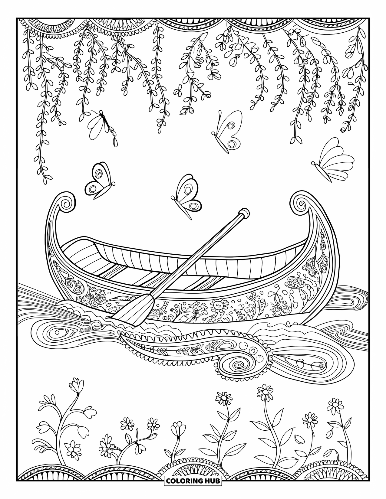 Desenho de Barco para Colorir para Adultos: Um barco a remo lindamente padronizado desliza sobre água corrente, cercado por elementos delicados da natureza