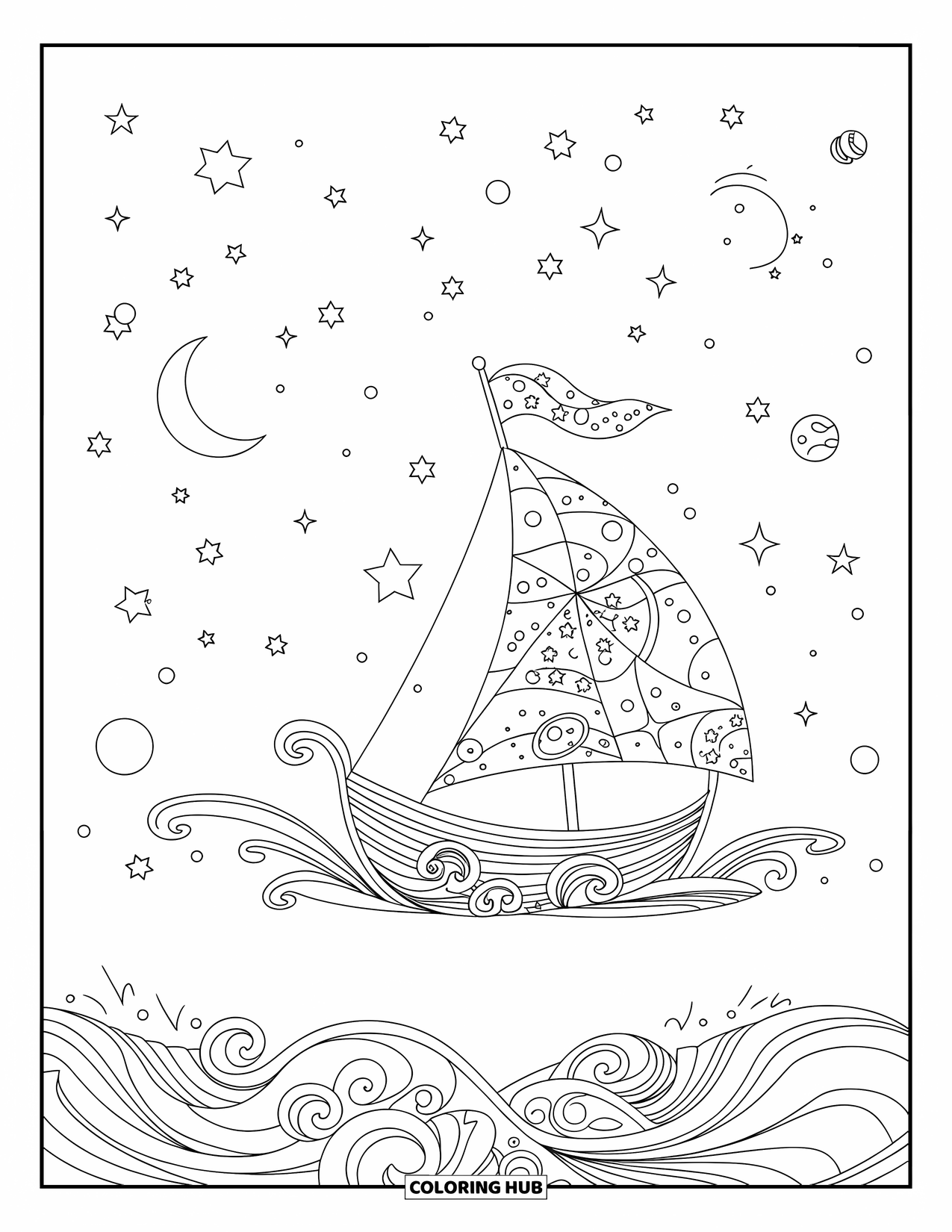 Desenho de Barco para Colorir para Adultos: Um navio celestial desliza através de ondas cósmicas, cercado por estrelas e planetas brilhantes