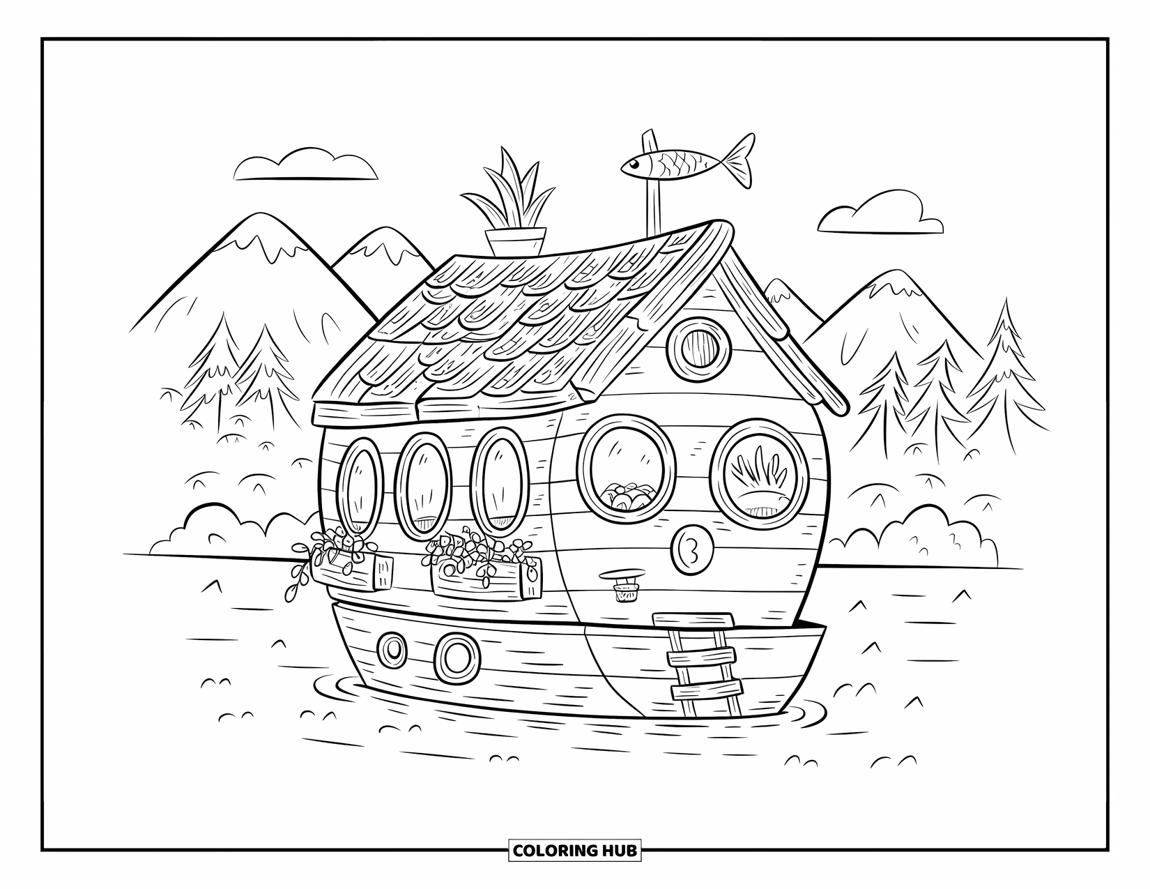 Desenho de Barco para Colorir para Adultos: Uma charmosa casa flutuante com janelas redondas, uma pequena floreira e plantas penduradas flutuando suavemente na água