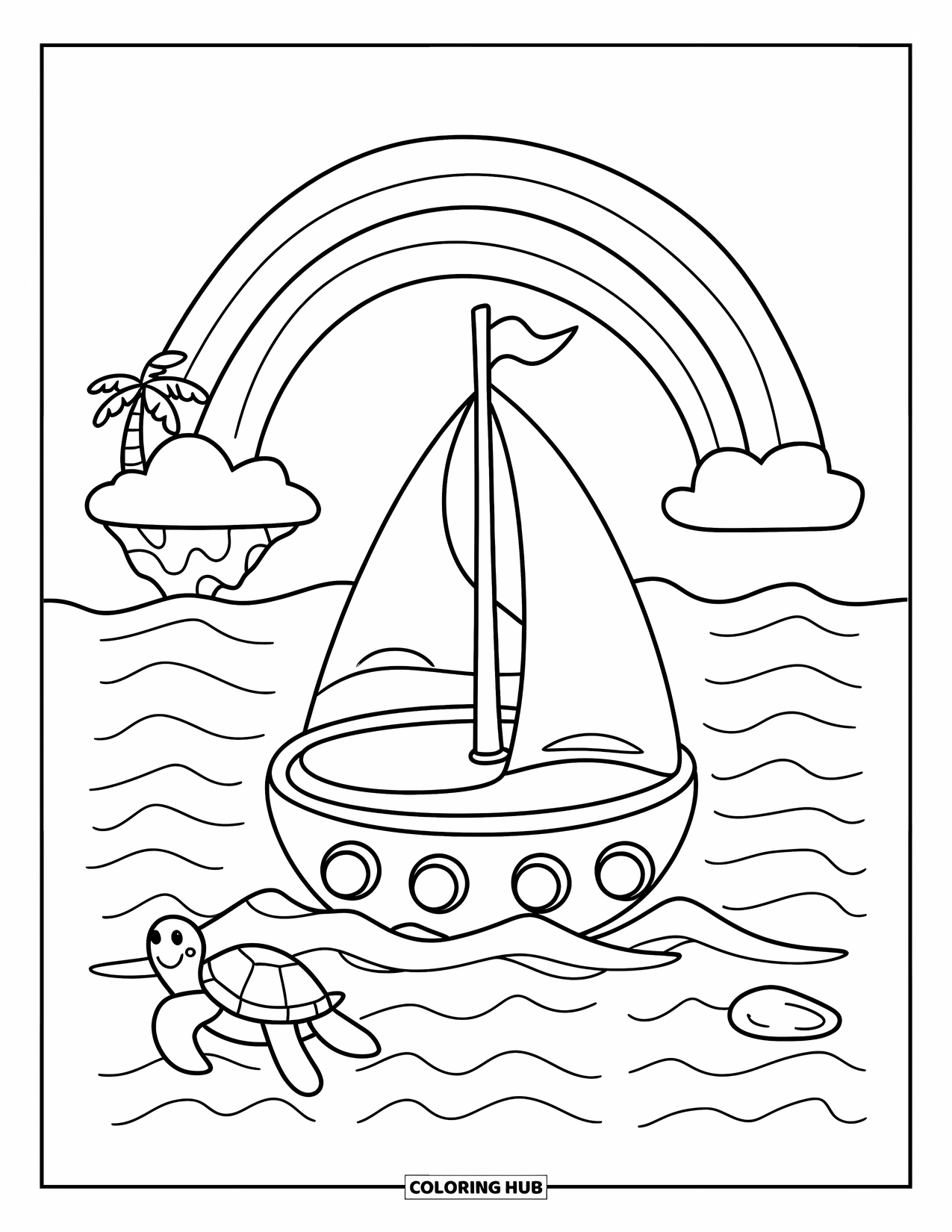 Desenho de Barco para Colorir para Adultos: Um barco alegre navega sob um arco-íris brilhante, enquanto uma pequena tartaruga nada alegremente nas ondas ao redor
