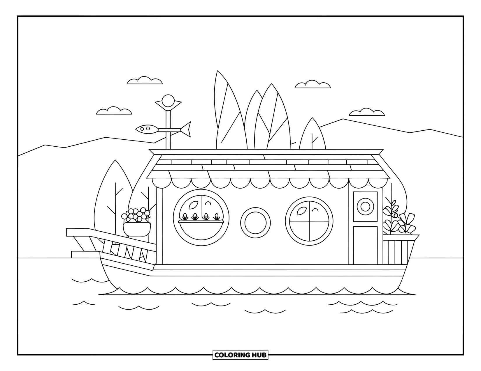 Desenho de Barco para Colorir para Adultos: Uma casa flutuante aconchegante com uma escada de madeira que leva a um jardim na cobertura, completo com um cata-vento em forma de peixe
