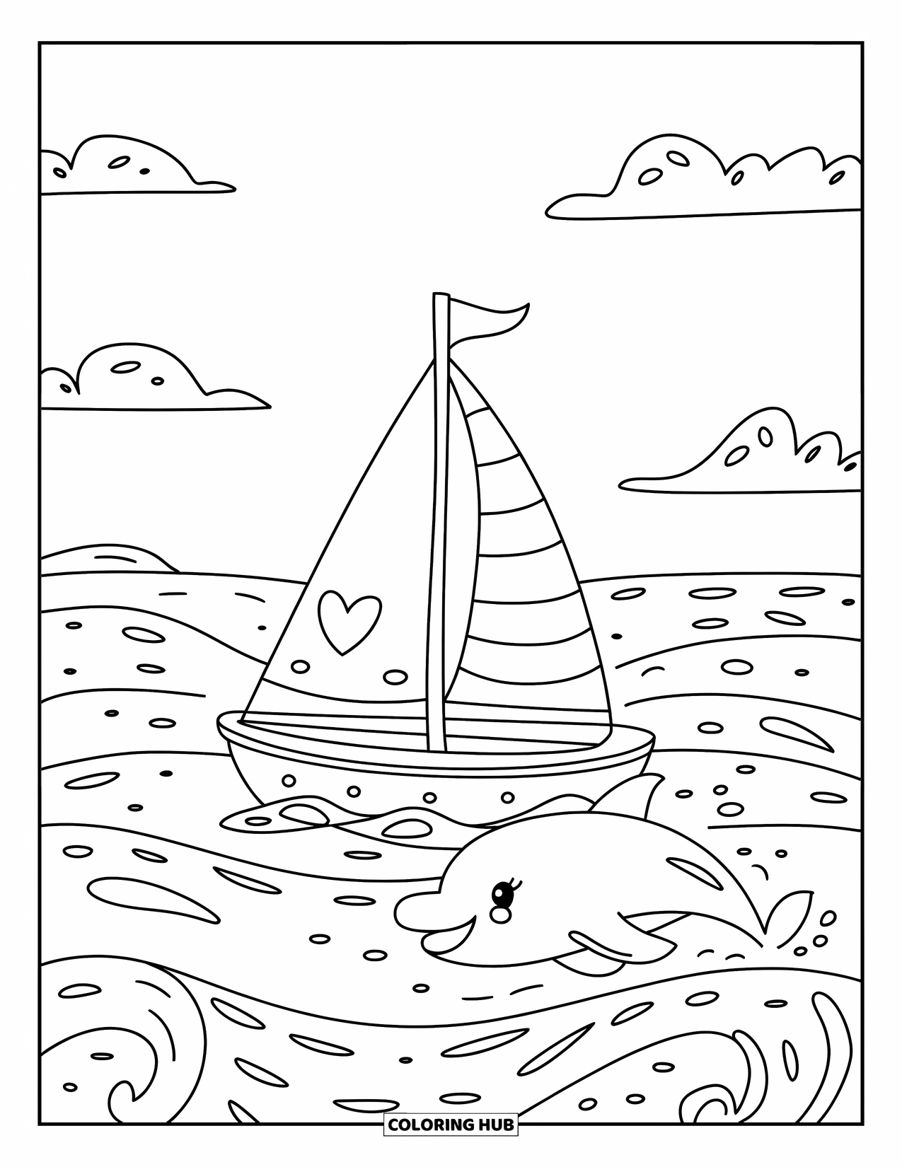 Desenho de Barco para Colorir para Adultos: Um pequeno veleiro encantador com uma vela curva balança nas ondas, enquanto um golfinho feliz salta ao lado dele