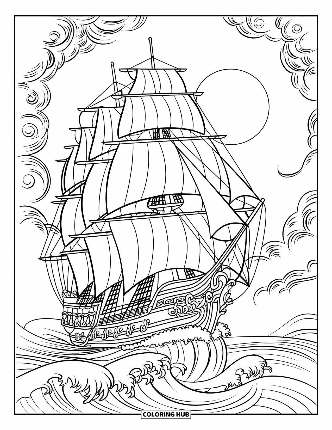 Desenho de Barco para Colorir para Adultos: Um navio detalhado com velas esvoaçantes desliza através de ondas oceânicas rodopiantes e céus nublados