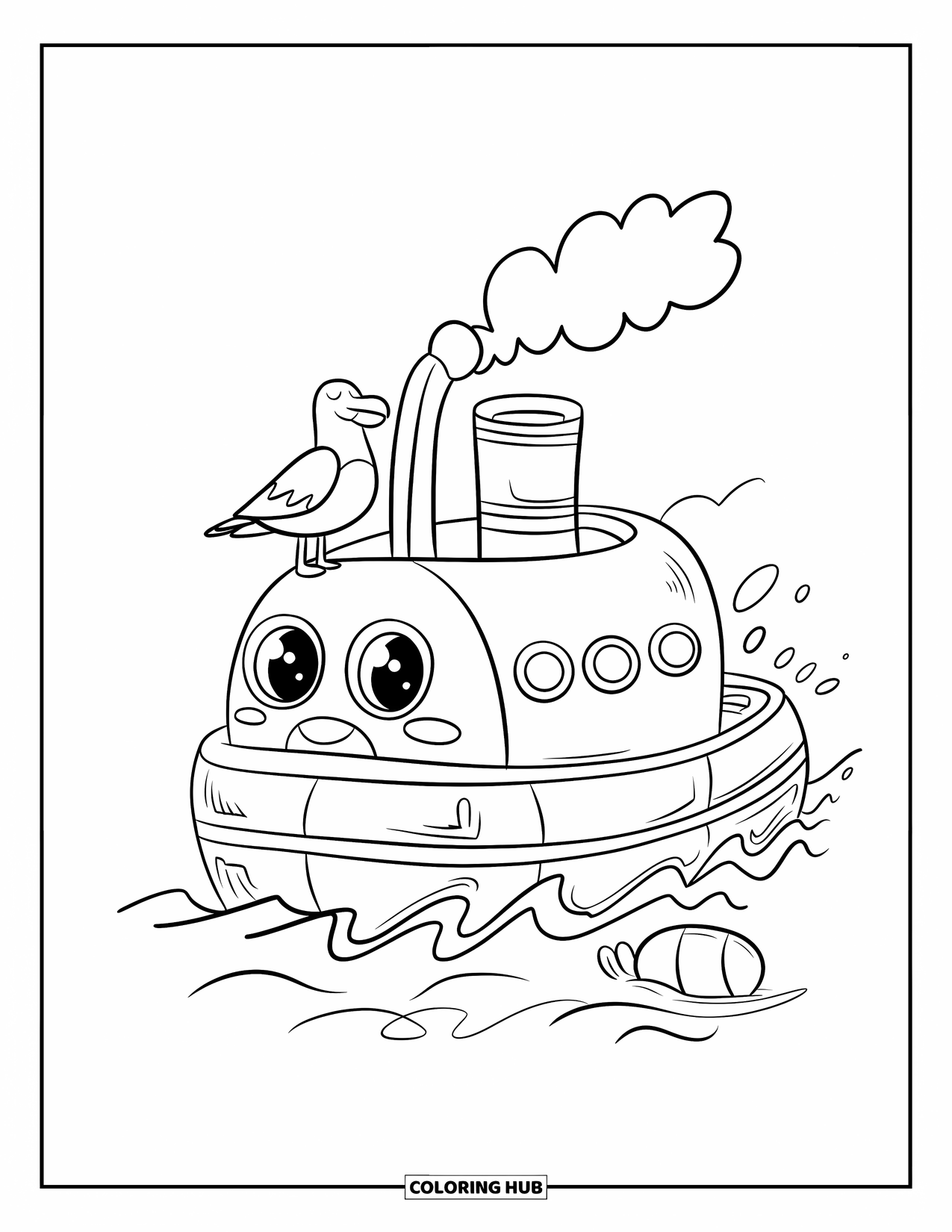 Desenho de Barco para Colorir para Adultos: Um rebocador amigável com uma nuvem de fumaça alegre flutua sobre ondas suaves, com uma pequena boia balançando por perto
