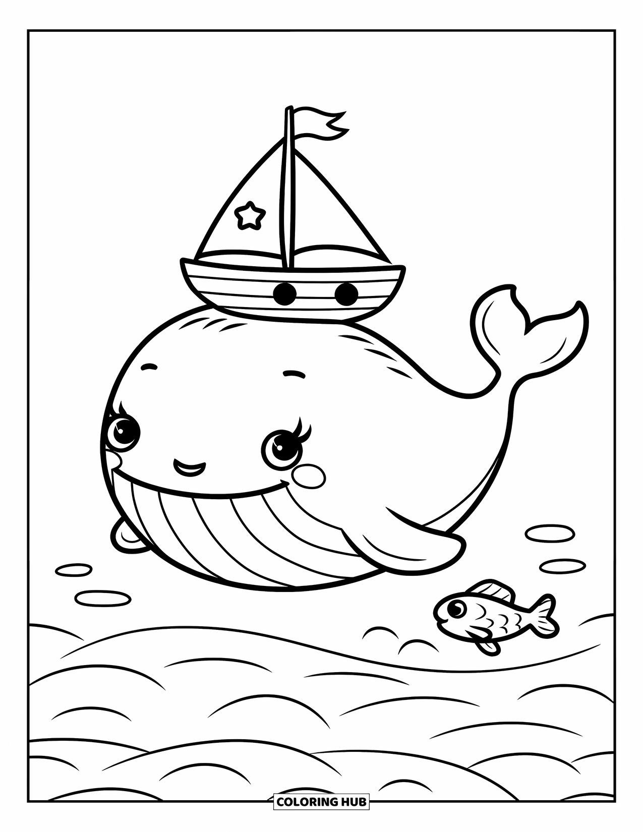 Desenho de Barco para Colorir para Adultos: Uma baleia amigável com um sorriso largo desliza pela água, sustentando um pequeno veleiro com uma bandeira acenando