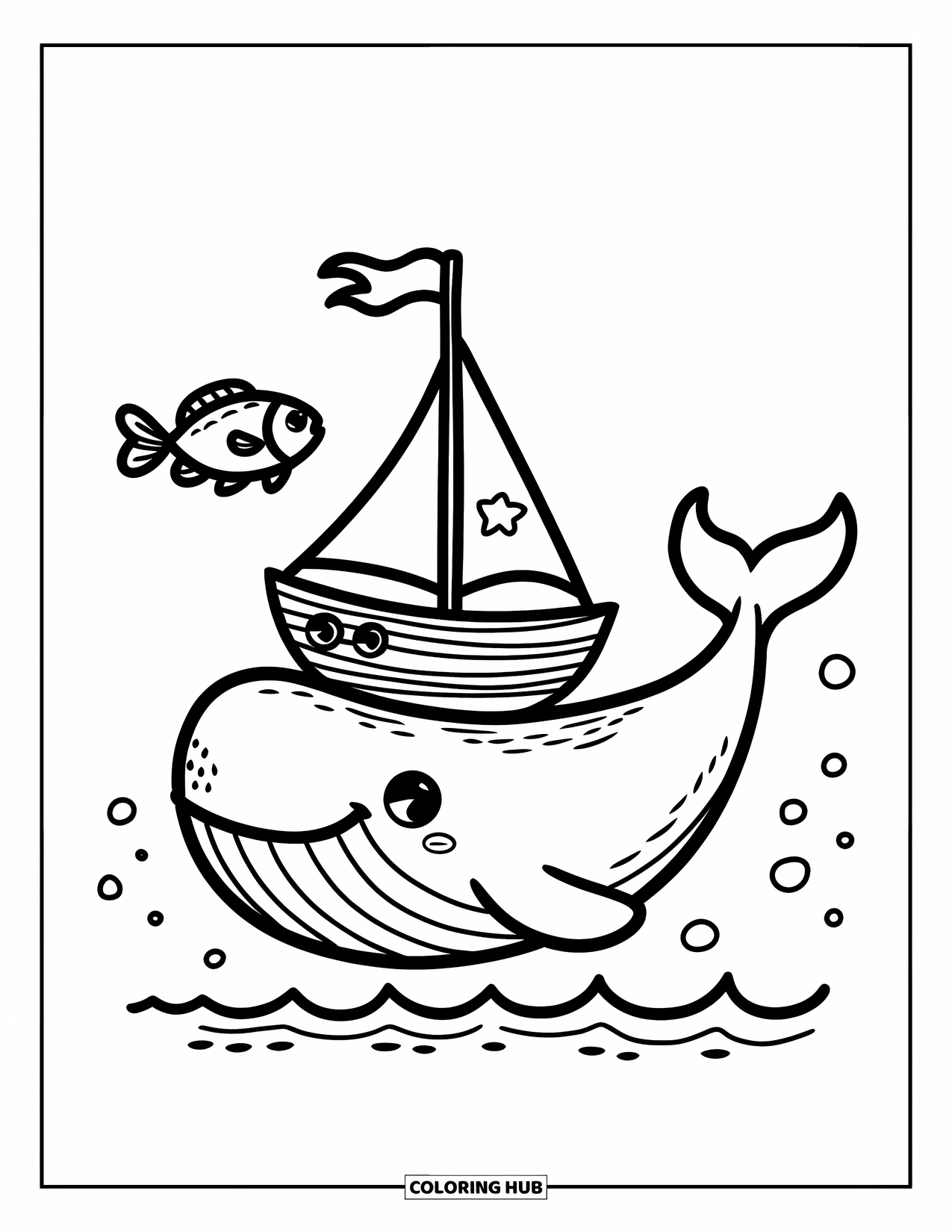 Desenho de Barco para Colorir para Adultos: Uma baleia feliz carrega gentilmente um pequeno veleiro em suas costas, enquanto um peixe curioso observa maravilhado