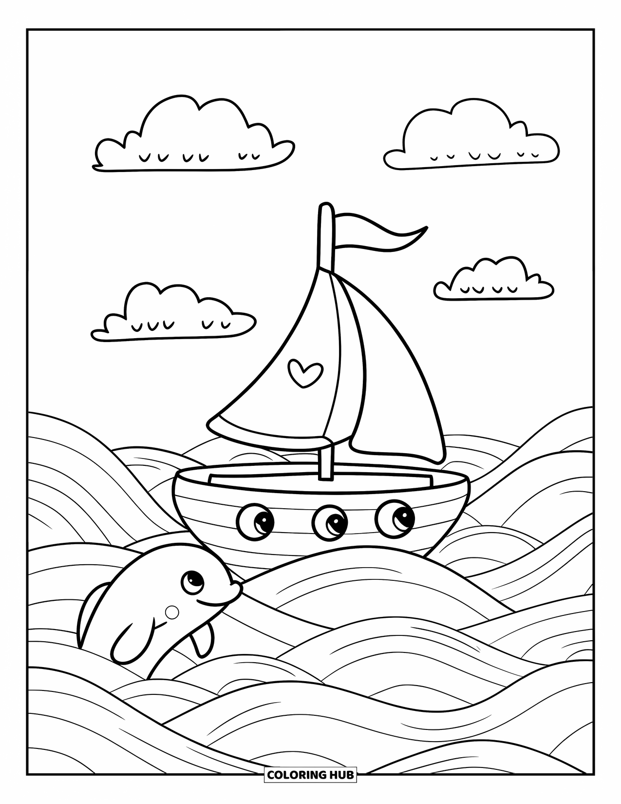Desenho de Barco para Colorir para Adultos: Um veleiro alegre com uma vela em forma de coração balança suavemente no mar, com um golfinho sorrindo nadando ao lado dele