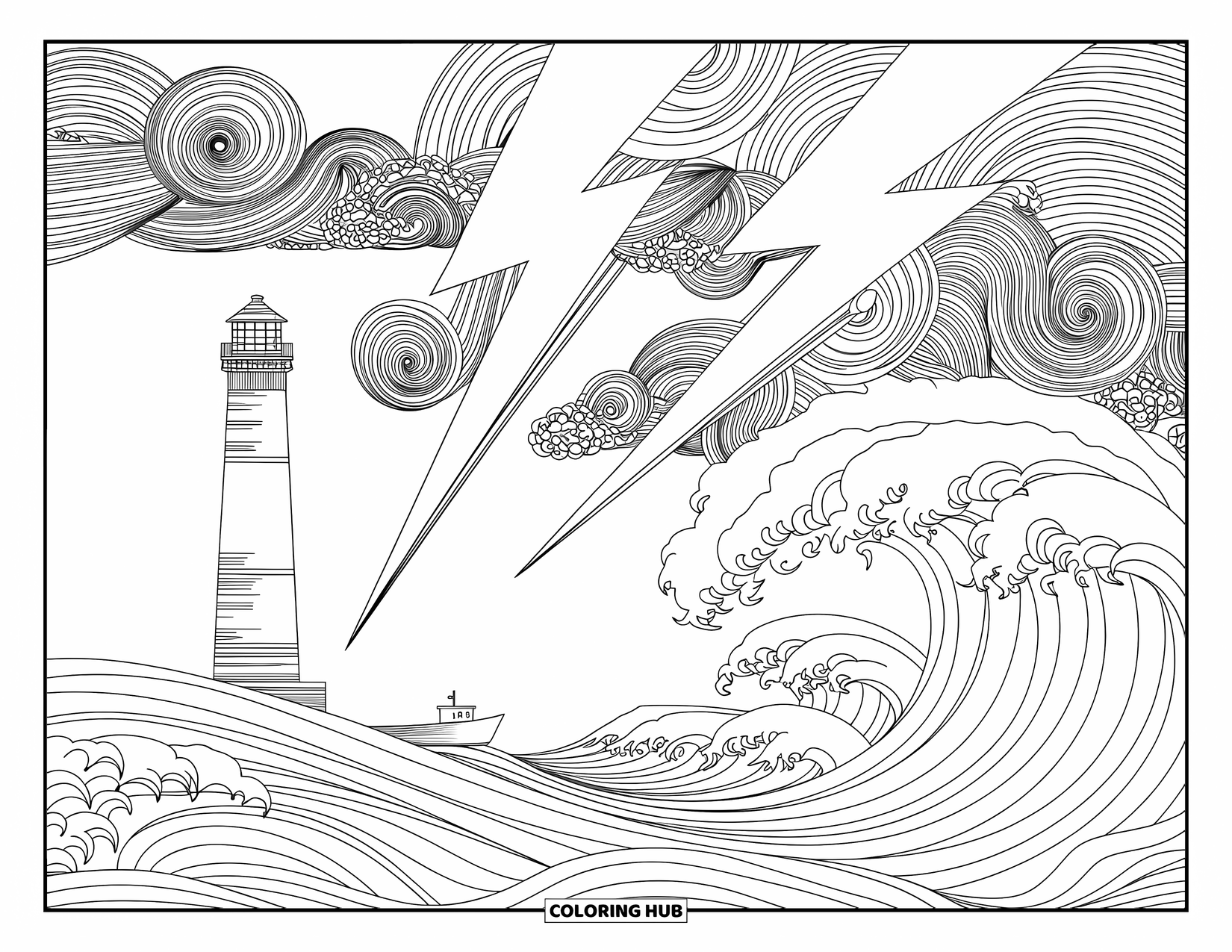 Desenho de Barco para Colorir para Adultos: Um farol enfrenta uma tempestade enquanto um pequeno barco luta contra ondas espumosas abaixo