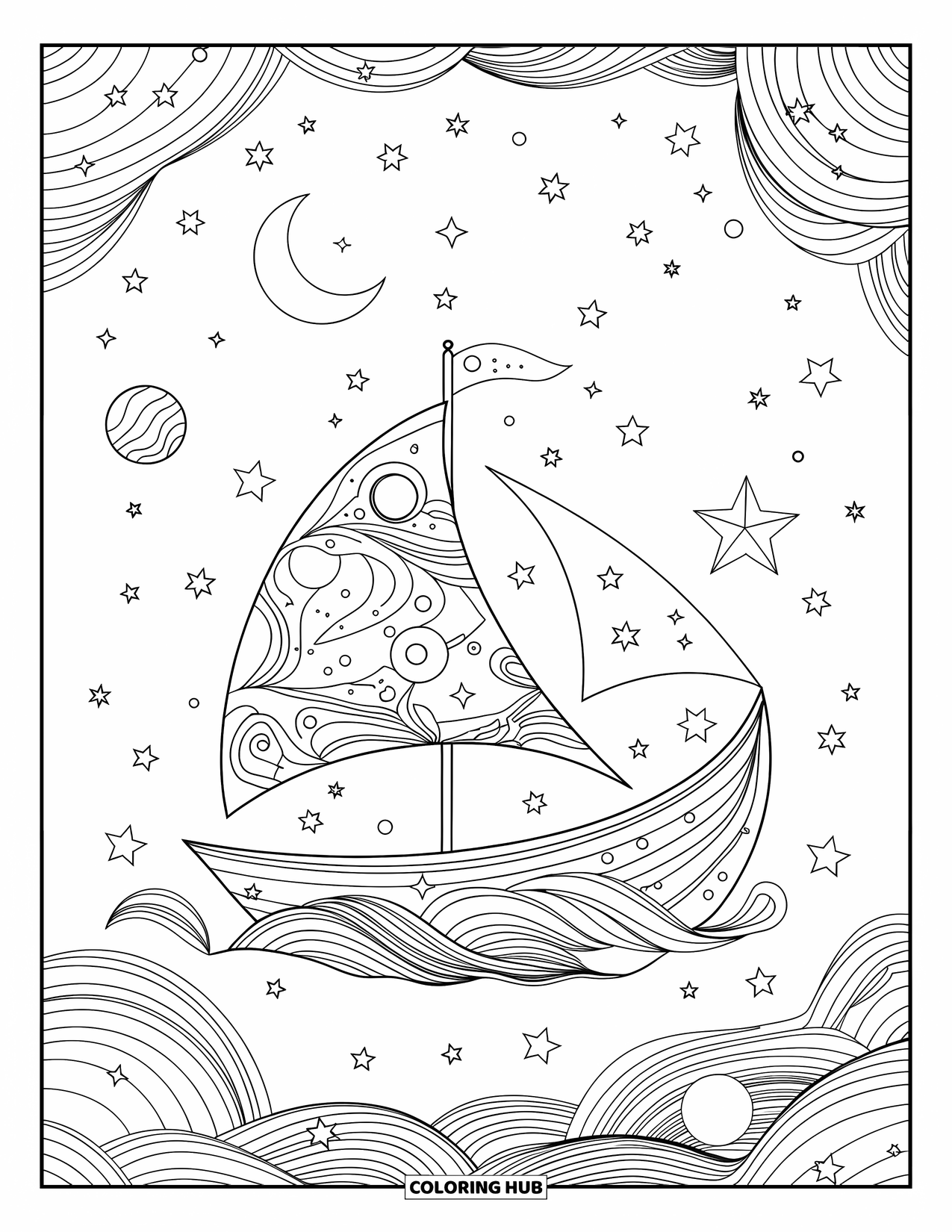 Desenho de Barco para Colorir para Adultos: Um barco místico flutua em águas iluminadas por estrelas, guiado por luas crescentes e estrelas cintilantes
