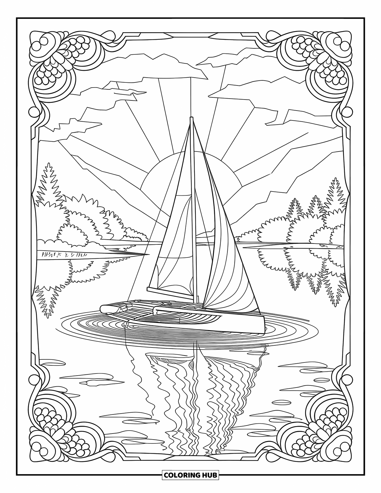 Desenho de Barco para Colorir para Adultos: Um veleiro pacífico flutua em águas ondulantes, cercado por árvores e colinas