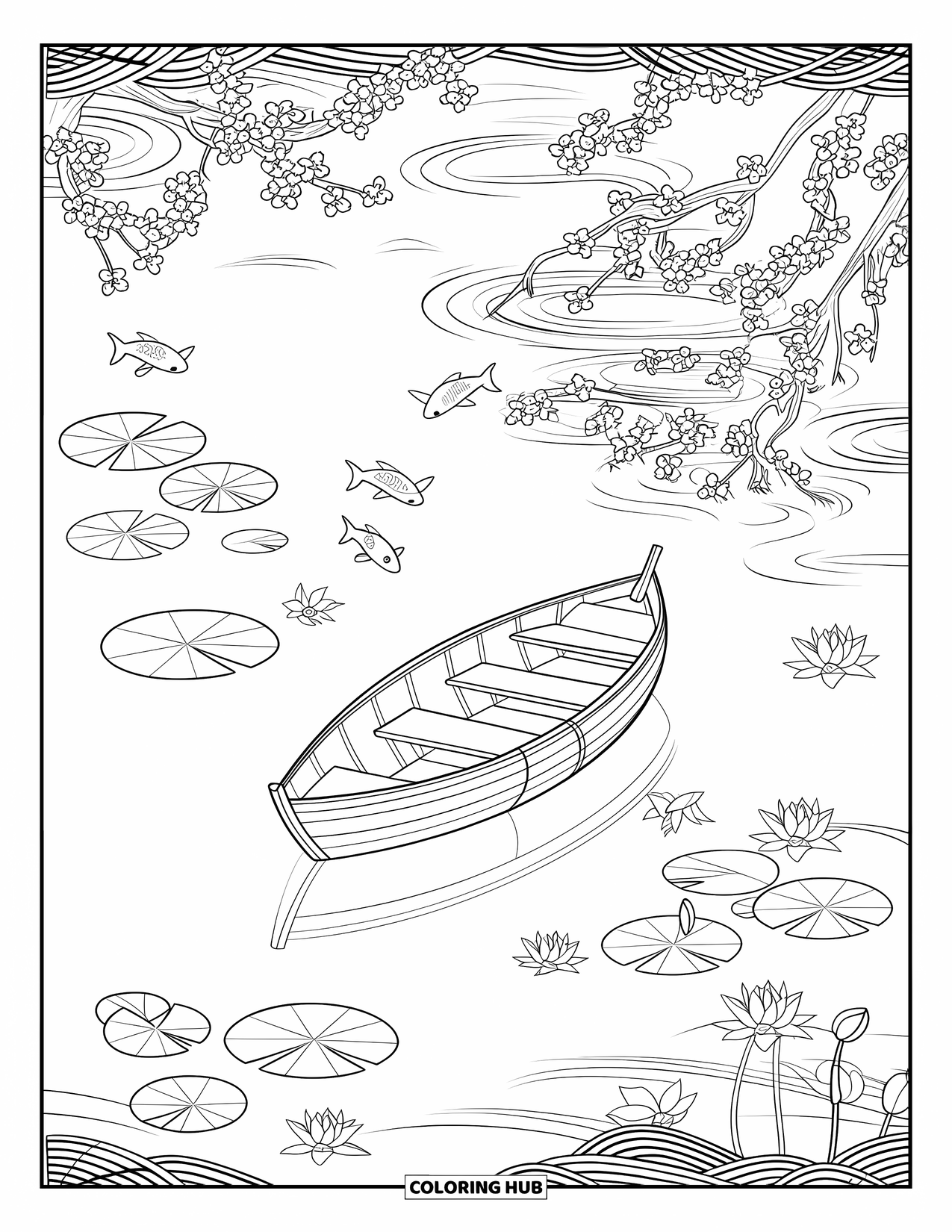 Desenho de Barco para Colorir para Adultos: Um pacífico barco de pesca de madeira flutua em um lago cheio de peixes koi e flores de lótus
