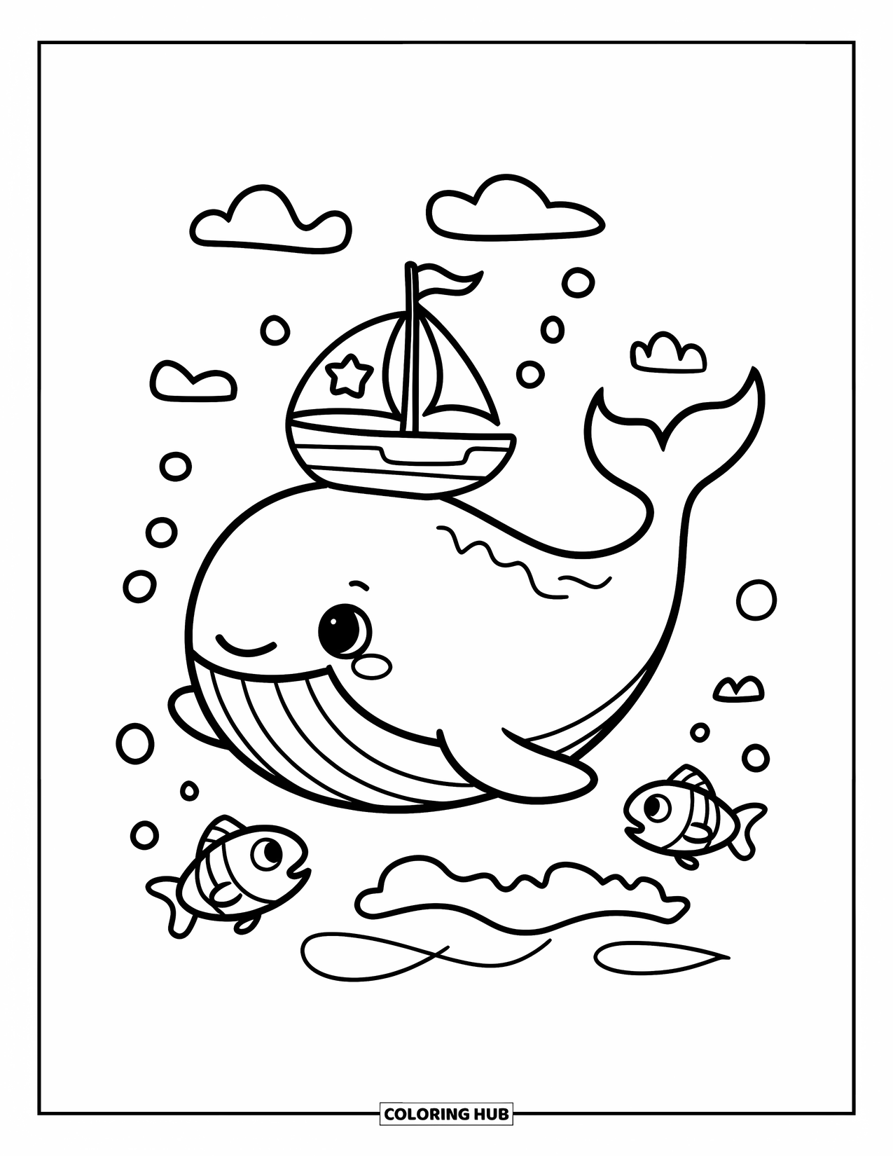 Desenho de Barco para Colorir para Adultos: Uma baleia brincalhona com olhos grandes e alegres carrega um pequeno barco em suas costas, enquanto um pequeno peixe nada por perto