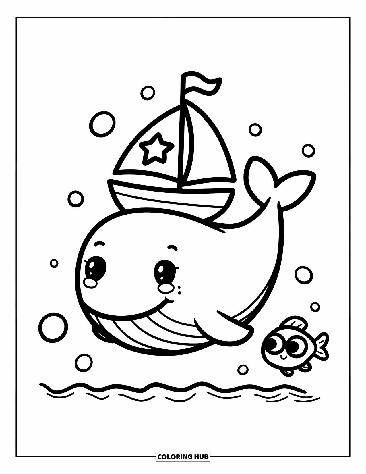 Desenho de Barco para Colorir para Adultos: Uma baleia redonda e alegre levanta um pequeno veleiro, criando ondas suaves enquanto flutua pelo mar