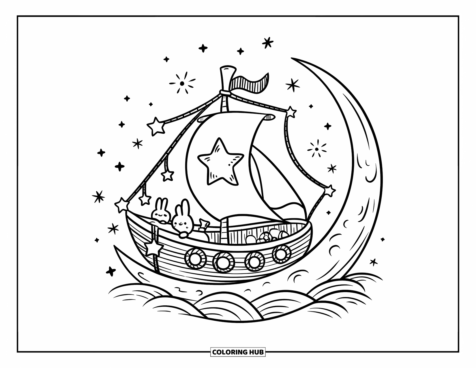 Desenho de Barco para Colorir para Adultos: Uma cena serena de um barco mágico descansando em uma lua crescente suave, com um coelho apreciando a vista cósmica