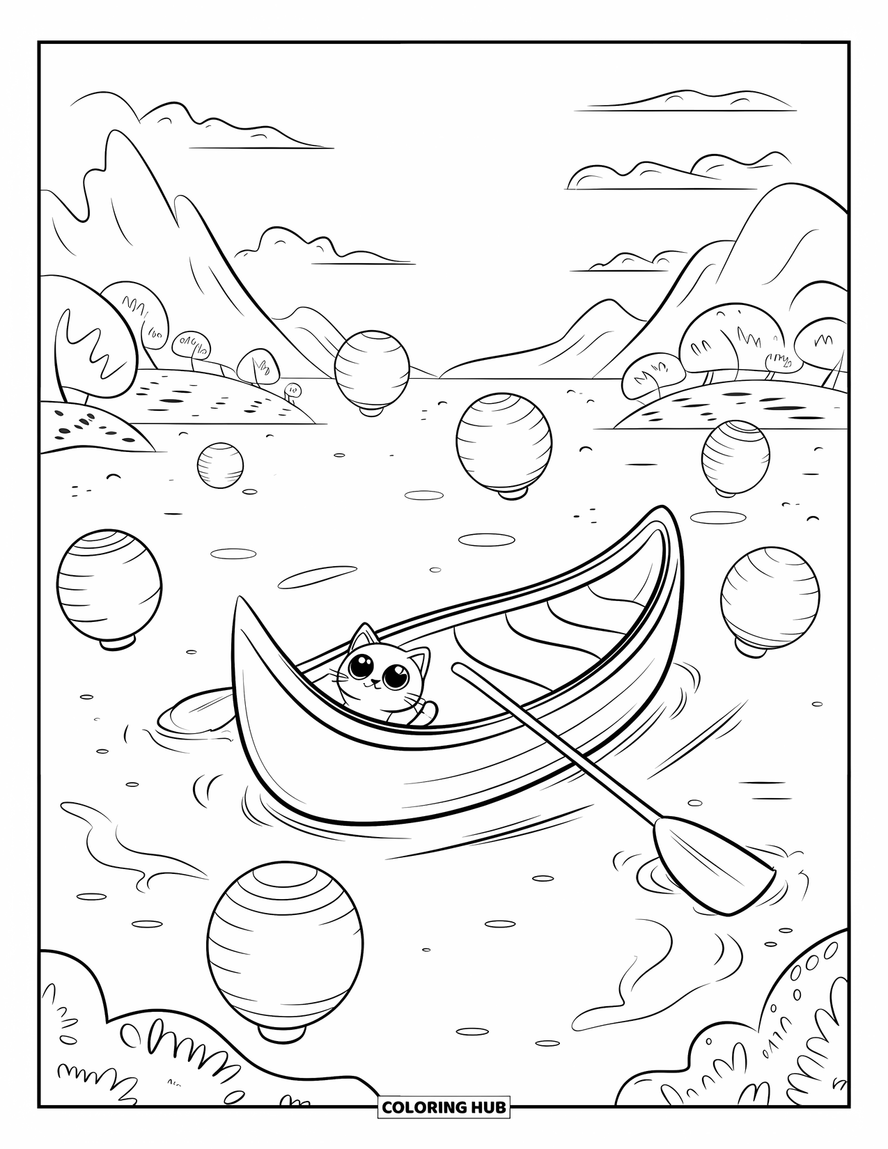 Desenho de Barco para Colorir para Adultos: Um pequeno gato com olhos arregalados e curiosos senta-se dentro de uma canoa, hipnotizado por lanternas de papel brilhantes flutuando na água