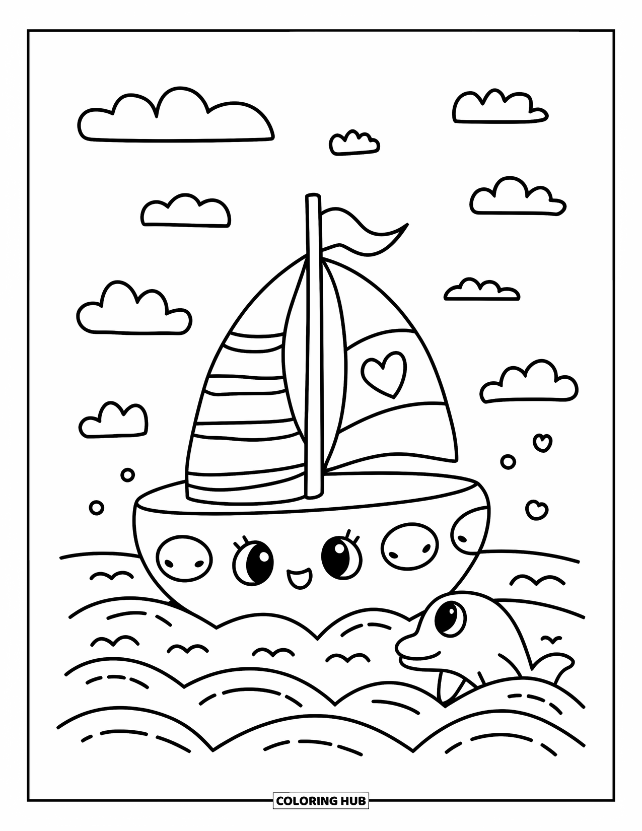 Desenho de Barco para Colorir para Adultos: Um pequeno veleiro rechonchudo com uma bandeira acenando flutua pacificamente enquanto um golfinho espreita para fora da água nas proximidades