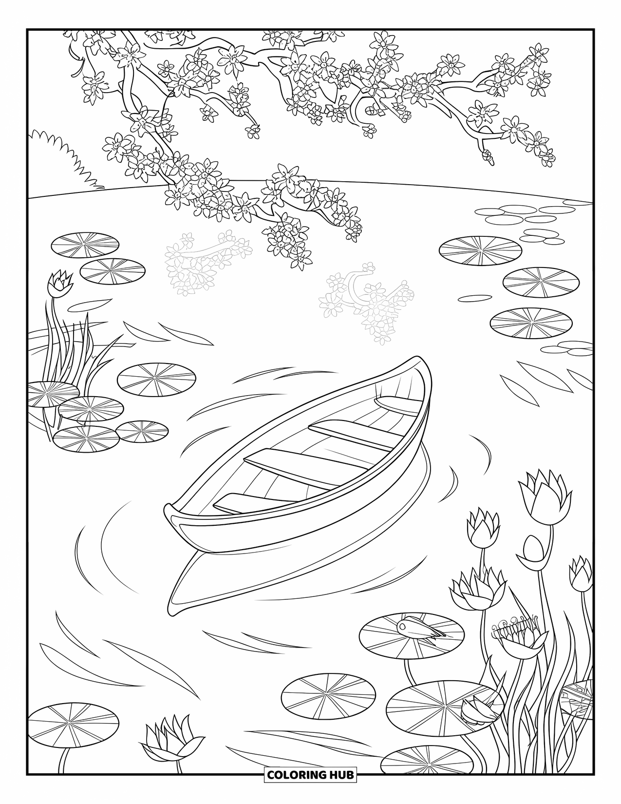 Desenho de Barco para Colorir para Adultos: Um pequeno barco de pesca flutua entre nenúfares e delicadas flores de cerejeira