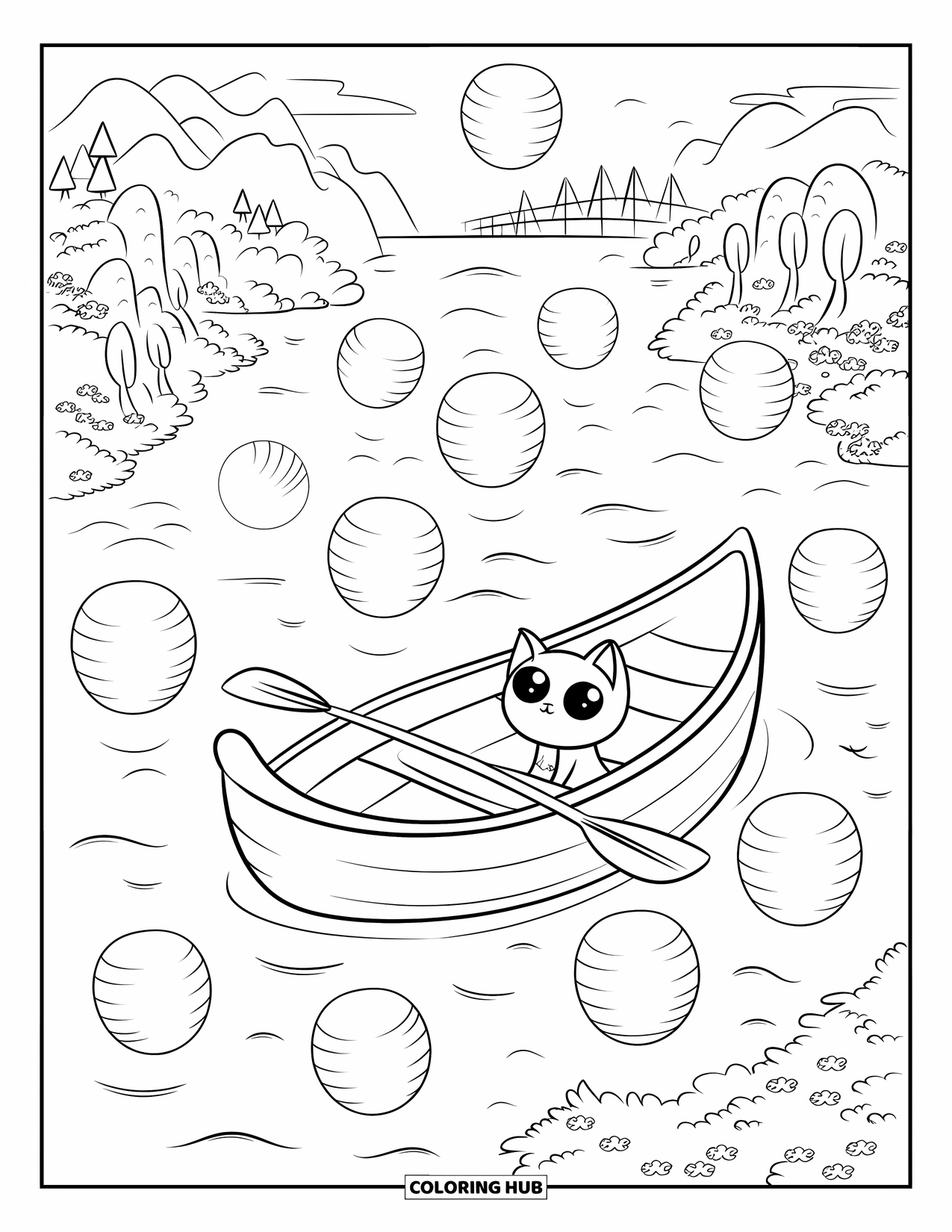 Desenho de Barco para Colorir para Adultos: Uma pequena canoa desliza por um lago tranquilo, cercada por lanternas flutuantes brilhando suavemente na noite