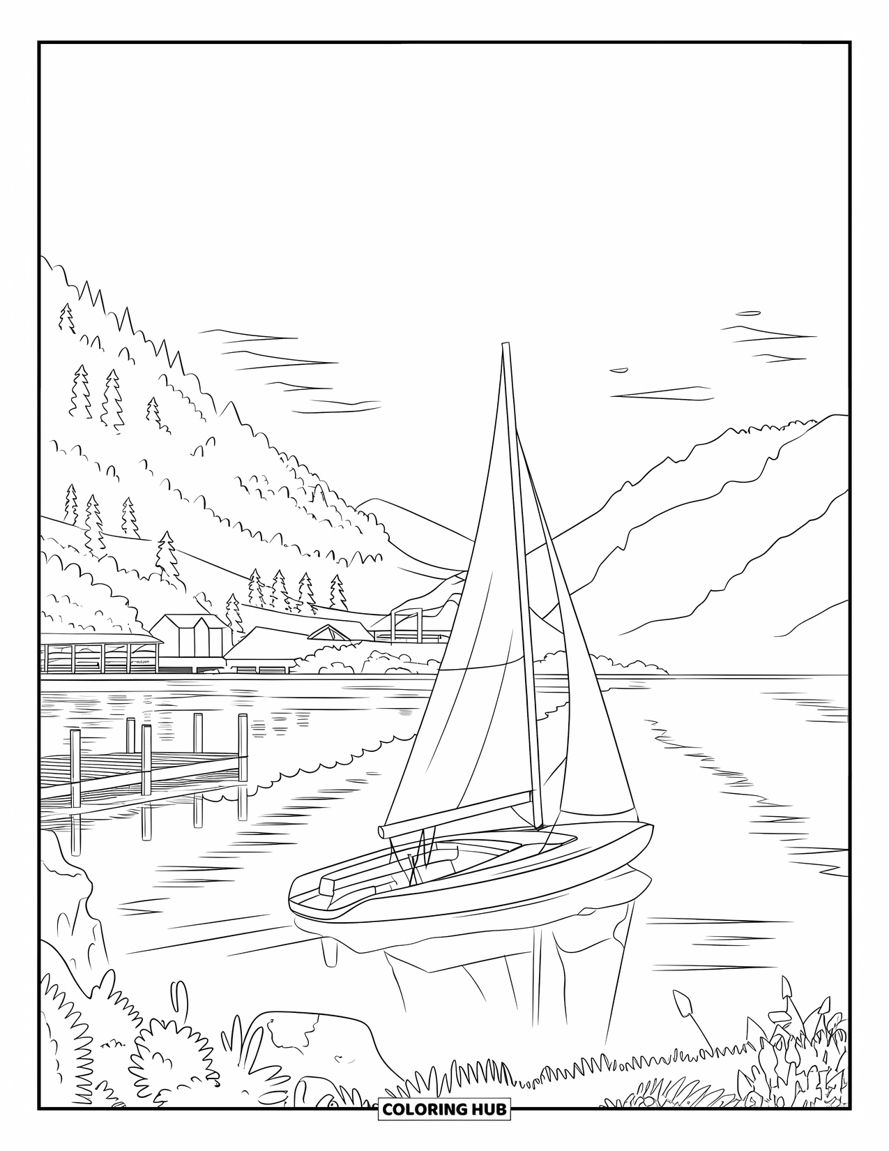 Desenho de Barco para Colorir para Adultos: Um veleiro tranquilo se move através do lago enquanto o sol se põe atrás de colinas distantes
