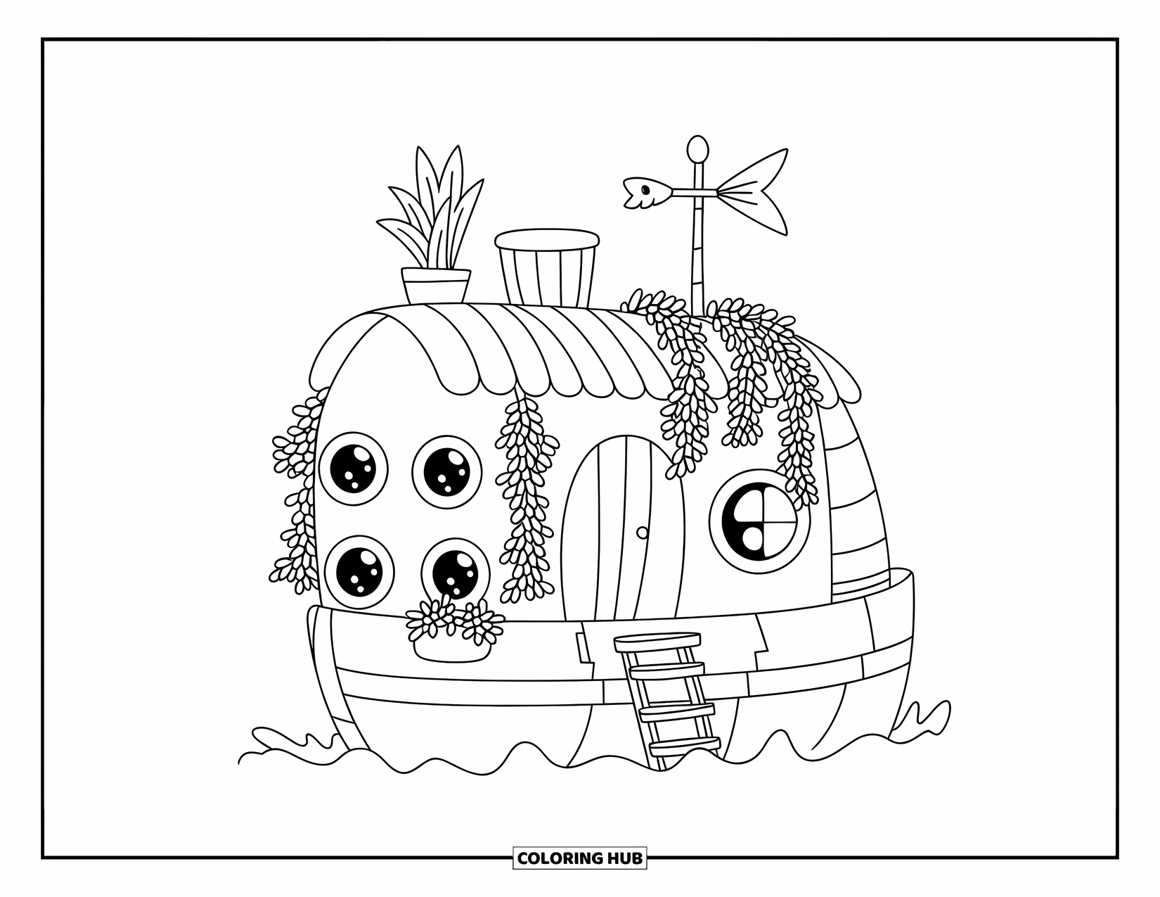 Desenho de Barco para Colorir para Adultos: Uma casa flutuante extravagante com janelas redondas, uma floreira e um pequeno jardim na cobertura, cercada por ondas suaves