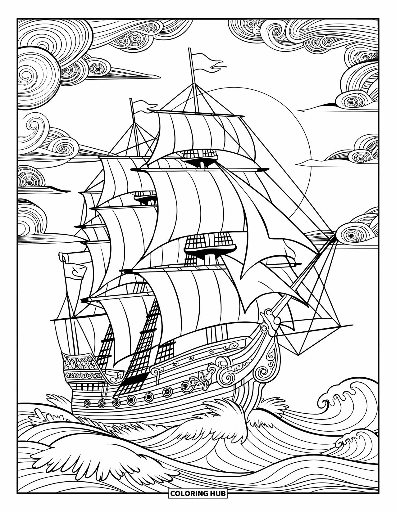 Desenho de Barco para Colorir para Adultos: Um navio à vela do velho mundo com velas ondulantes e esculturas ornamentadas corta as ondas