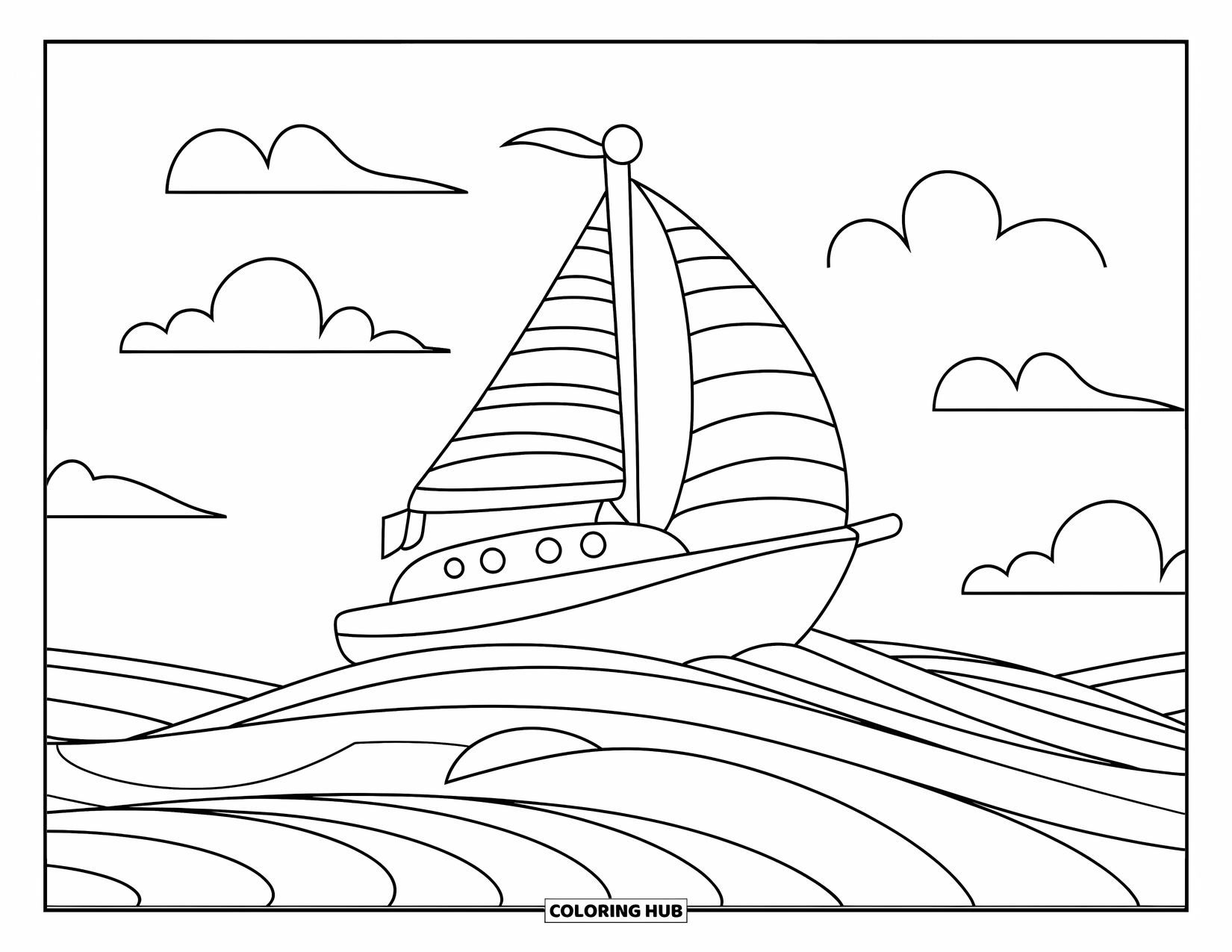 Desenho de Barco para Colorir para Crianças: Um iate charmoso com listras ousadas navega sob nuvens fofas e ondas suaves