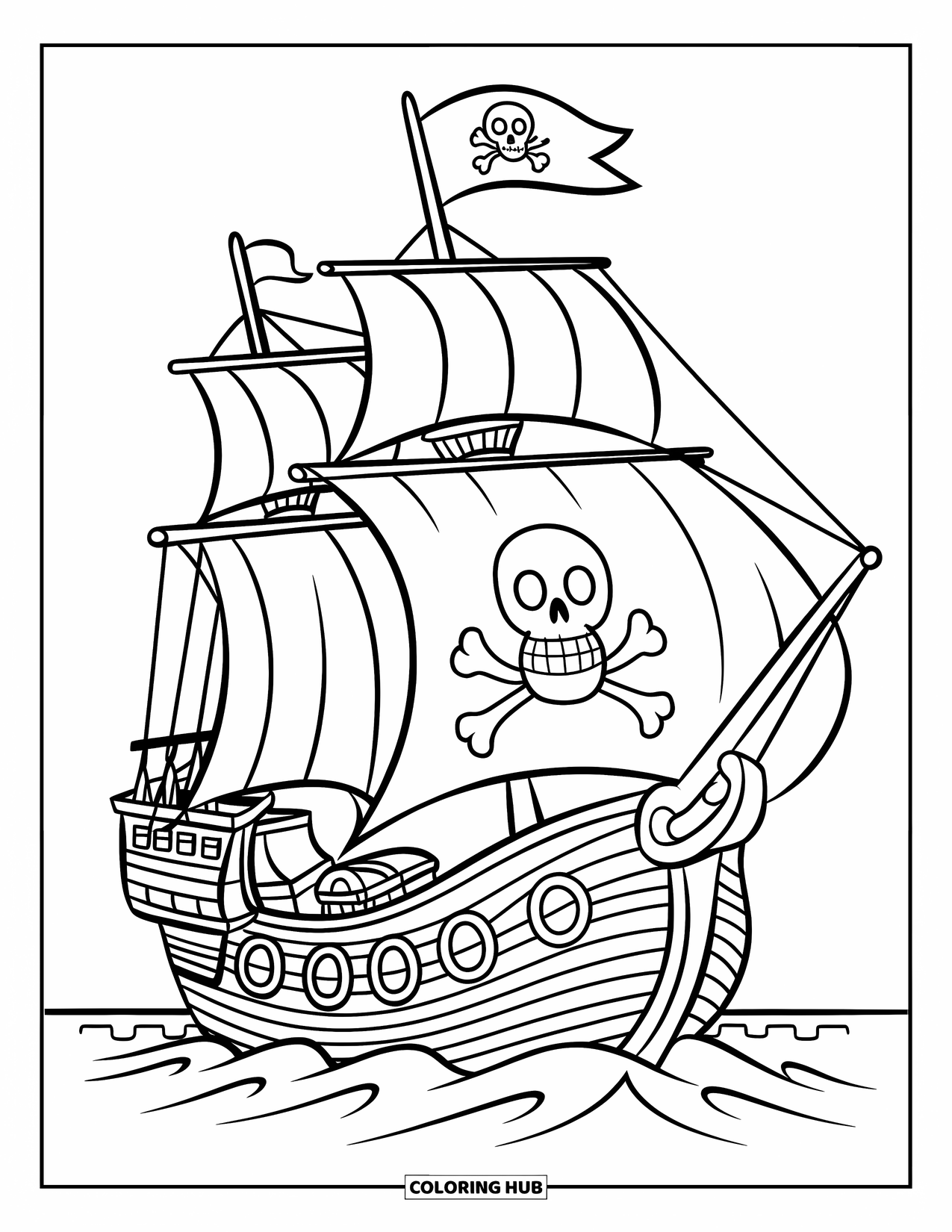 Desenho de Barco para Colorir para Crianças: Um alegre navio pirata navega pelas ondas, com uma bandeira de caveira divertida acenando ao vento