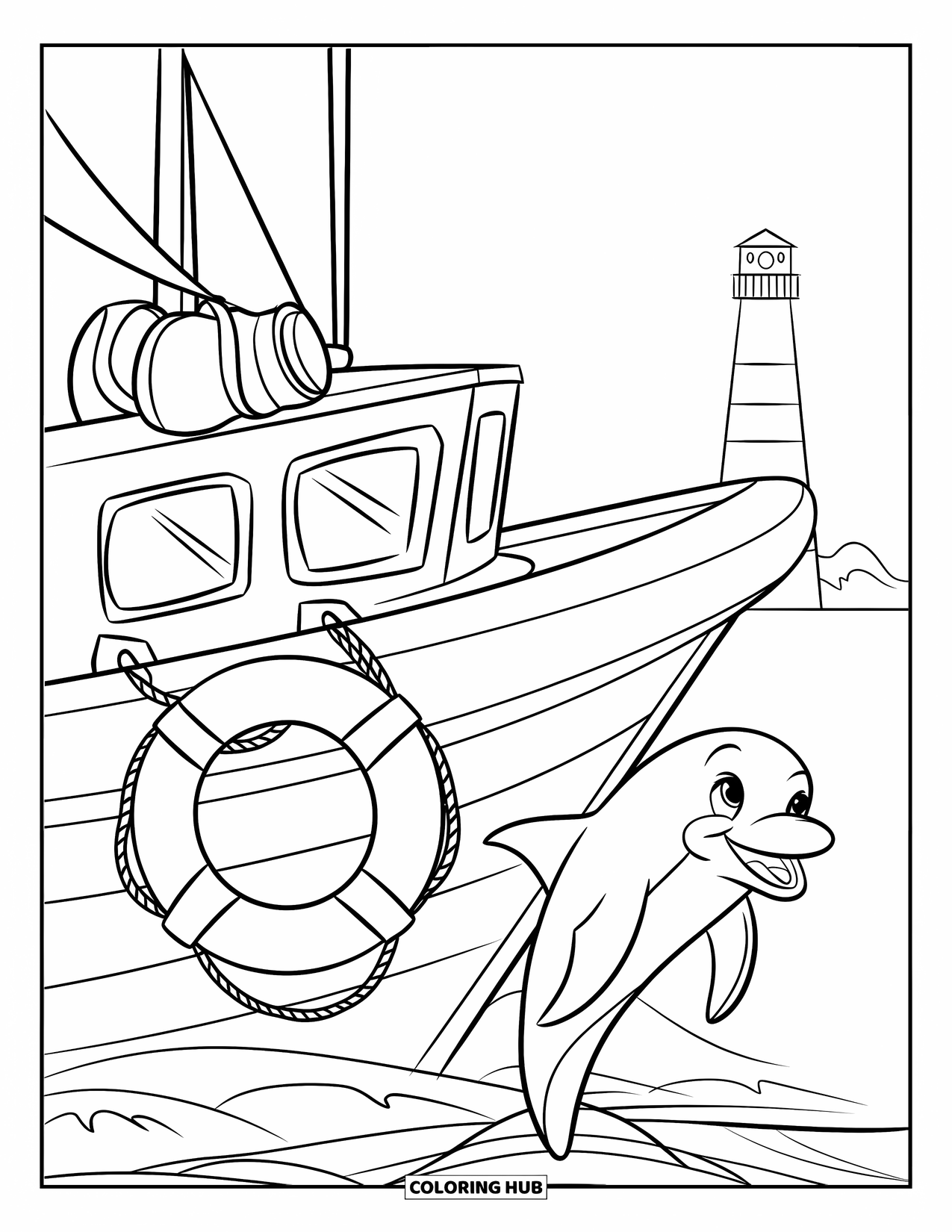 Desenho de Barco para Colorir para Crianças: Um alegre barco de resgate com uma boia salva-vidas navega com um golfinho amigável pulando à distância
