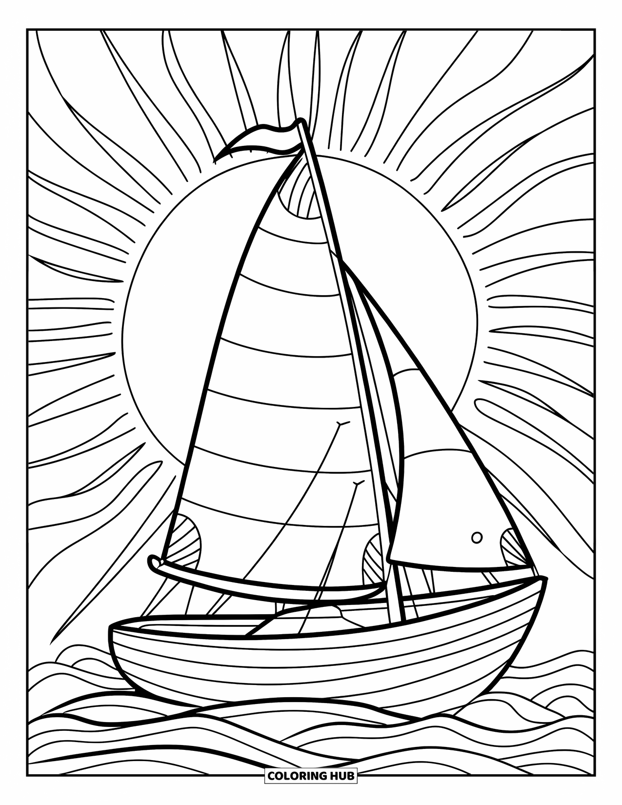 Desenho de Barco para Colorir para Crianças: Um alegre veleiro com uma única vela se move através de ondas ondulantes sob um céu brilhante