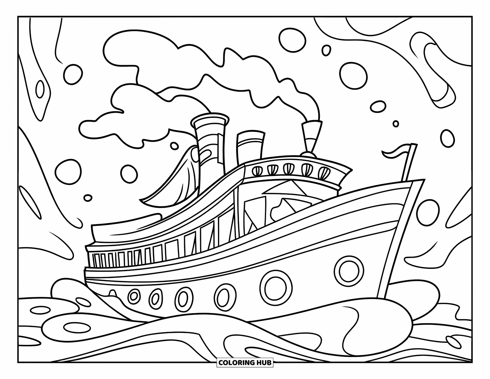 Desenho de Barco para Colorir para Crianças: Um alegre barco a vapor navega por ondas estilizadas, cercado por bolhas flutuantes