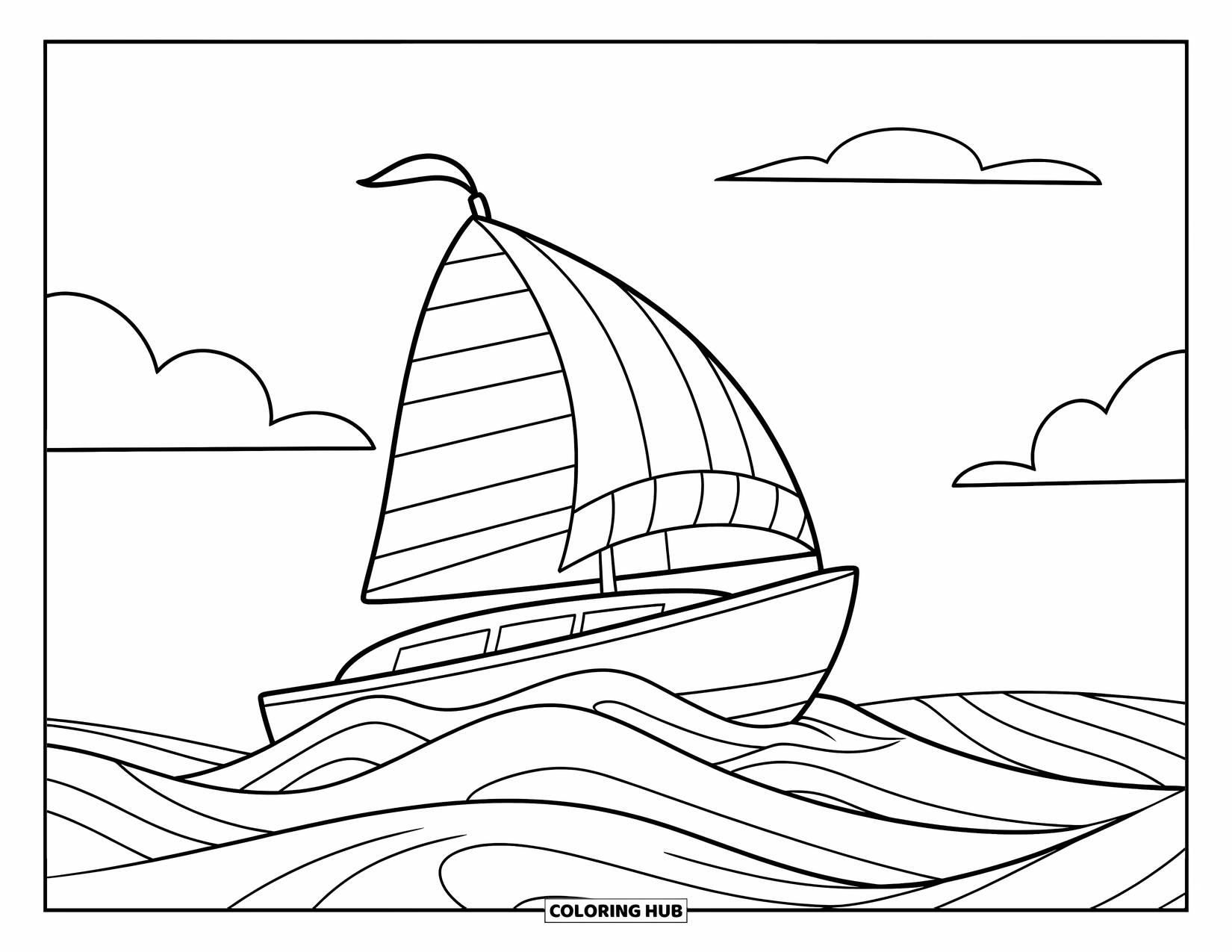 Desenho de Barco para Colorir para Crianças: Um iate alegre com uma vela listrada desliza pela água sob um céu brilhante