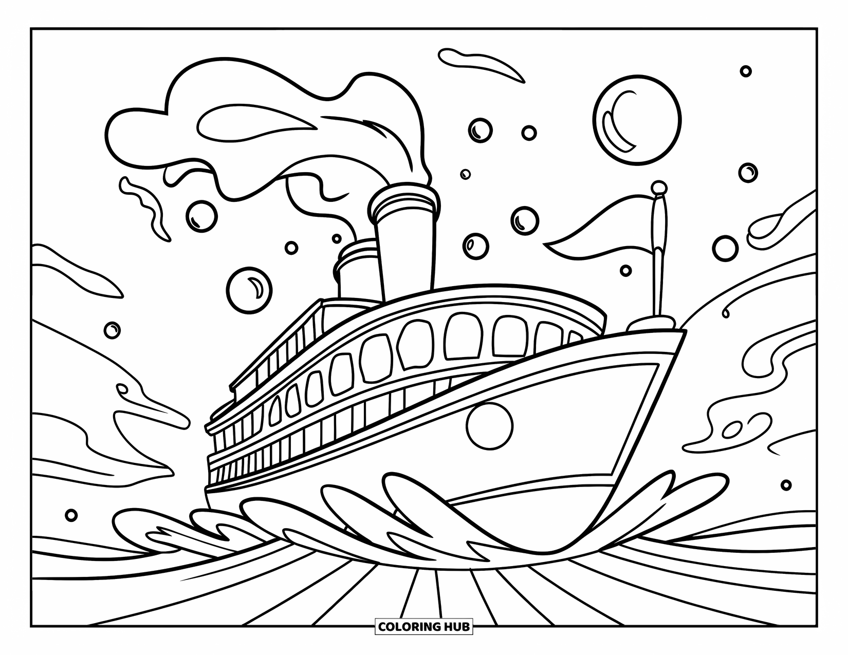 Desenho de Barco para Colorir para Crianças: Um barco a vapor clássico com uma chaminé e bandeira flutua entre ondas e bolhas divertidas