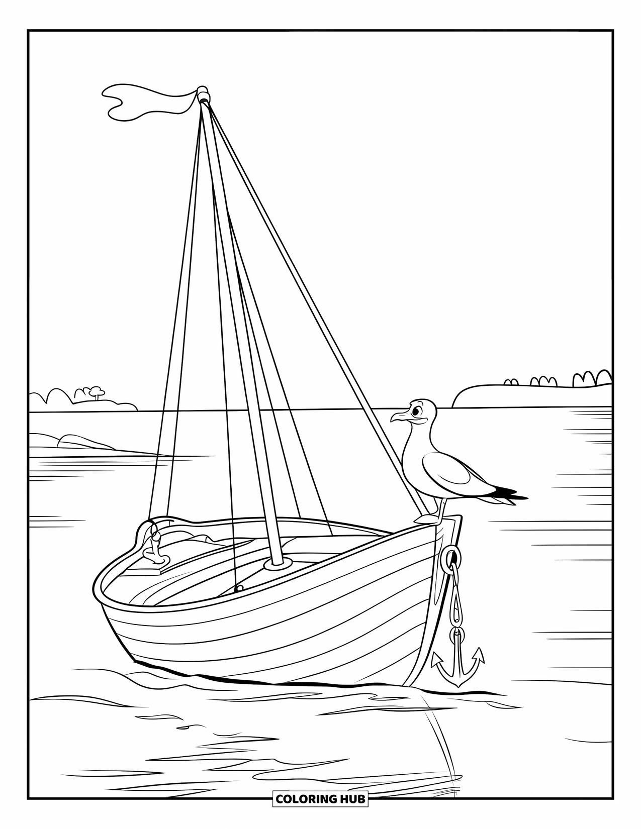 Desenho de Barco para Colorir para Crianças: Um veleiro atracado com uma âncora e uma gaivota, cercado por uma paisagem oceânica serena