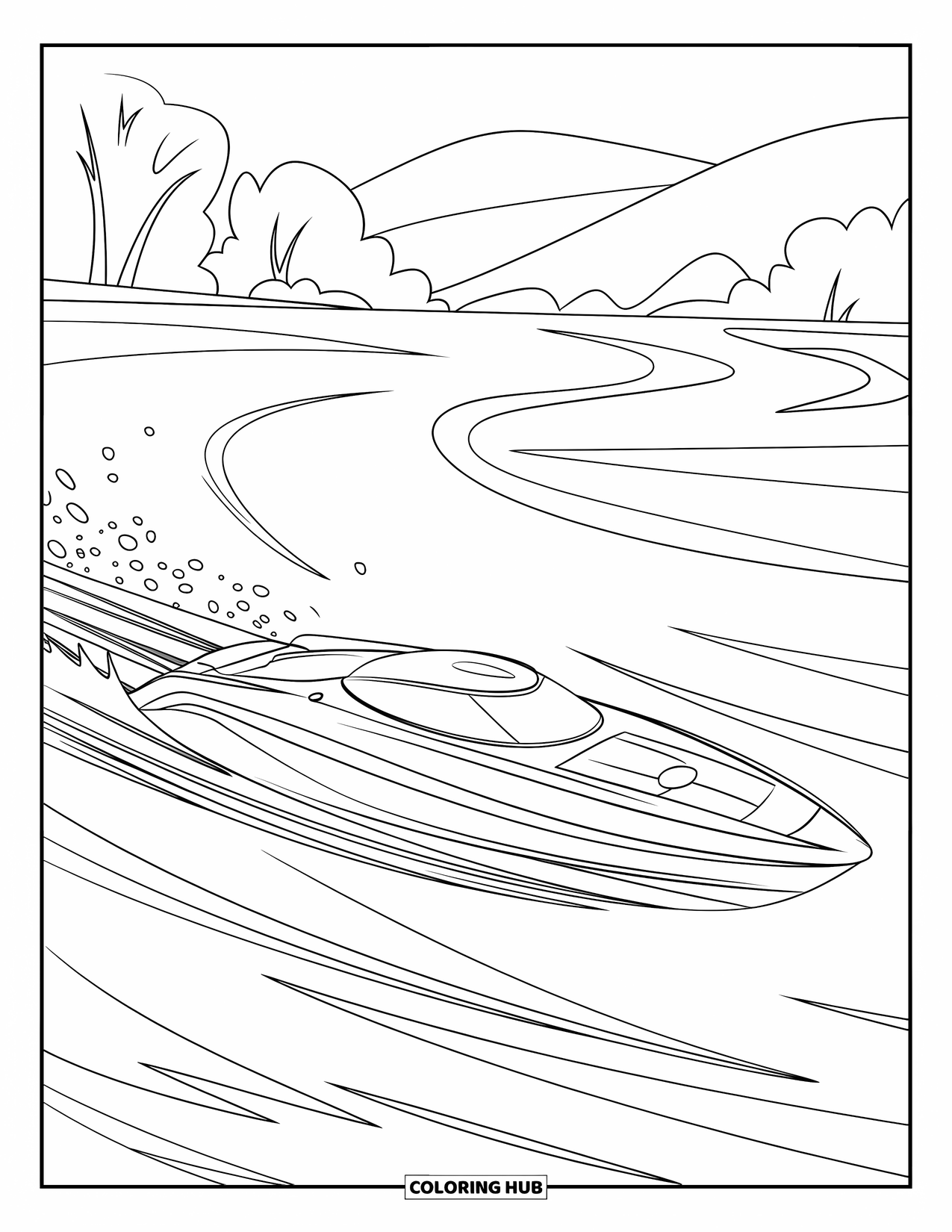 Desenho de Barco para Colorir para Crianças: Uma lancha dinâmica corre pelo mar, deixando ondulações e respingos em seu rastro