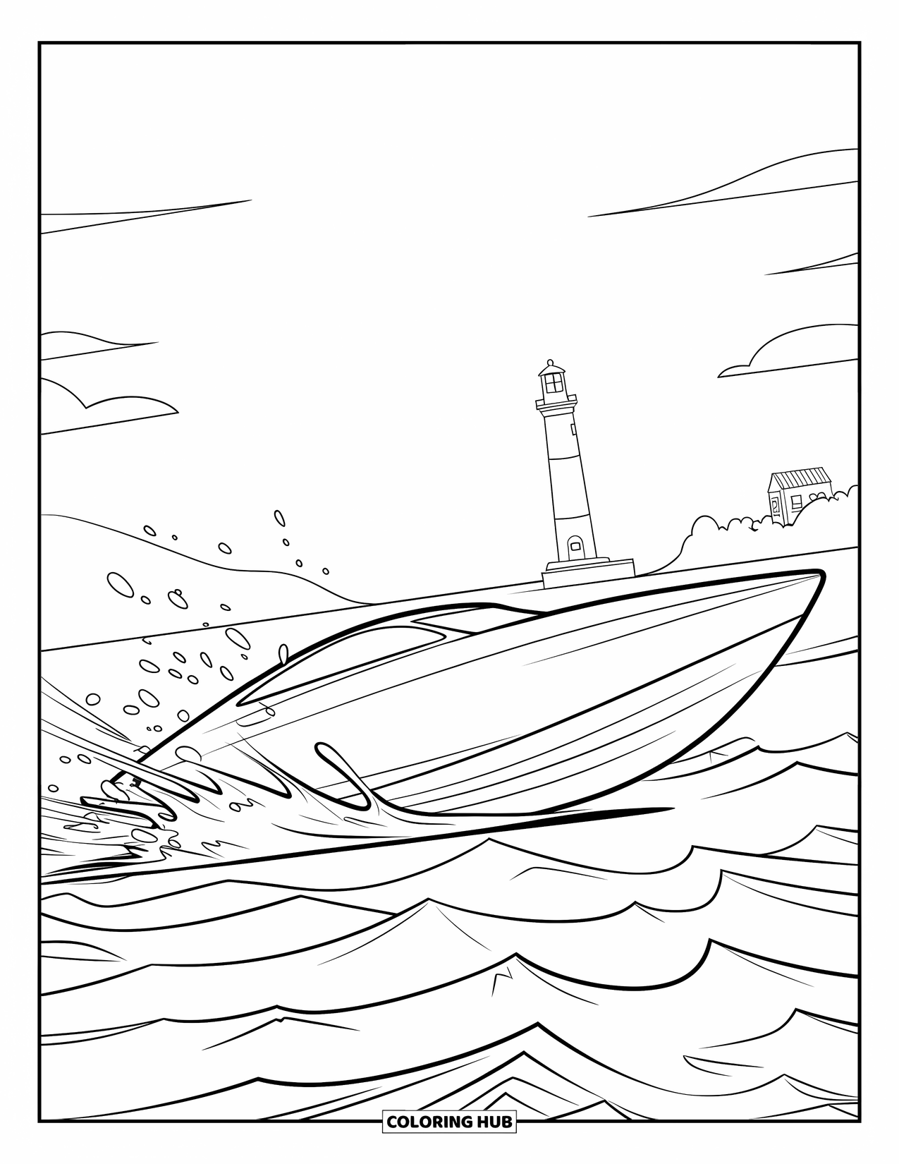 Desenho de Barco para Colorir para Crianças: Uma lancha em movimento rápido corta ondas ondulantes enquanto nuvens flutuam no céu