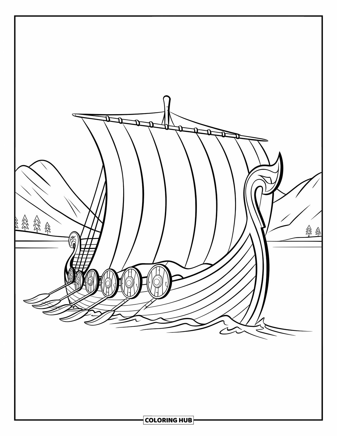 Desenho de Barco para Colorir para Crianças: Um grandioso navio viking navega pelas montanhas, com sua figura de proa de dragão liderando o caminho