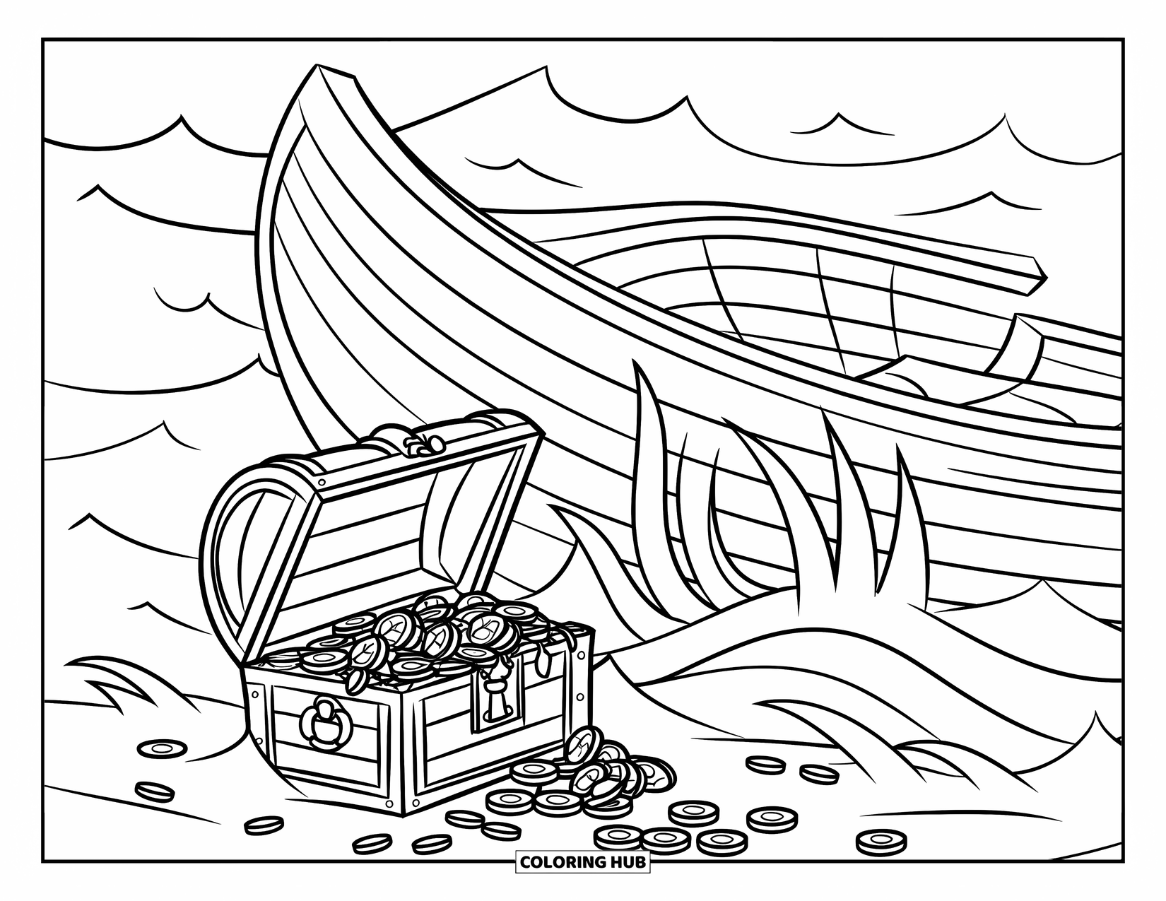 Desenho de Barco para Colorir para Crianças: Um barco meio afundado cercado por tesouro, algas marinhas e criaturas oceânicas