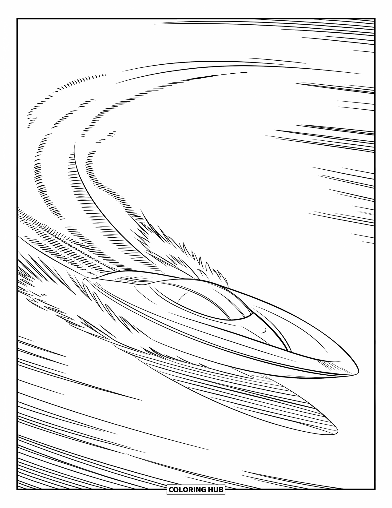 Desenho de Barco para Colorir para Crianças: Uma lancha de alta velocidade corta as ondas, criando um rastro espumoso atrás dela