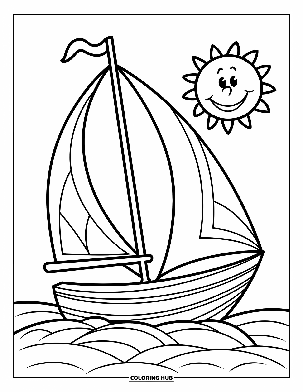 Desenho de Barco para Colorir para Crianças: Um grande veleiro com uma única vela flutua em ondas suaves sob um sol sorrindo