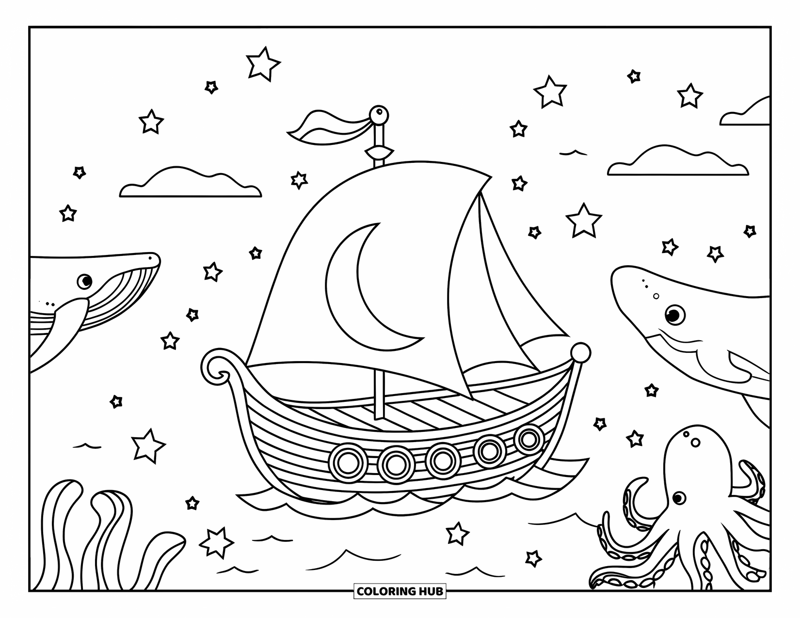 Desenho de Barco para Colorir para Crianças: Um barco mágico com uma vela em forma de lua desliza sobre águas cheias de criaturas marinhas