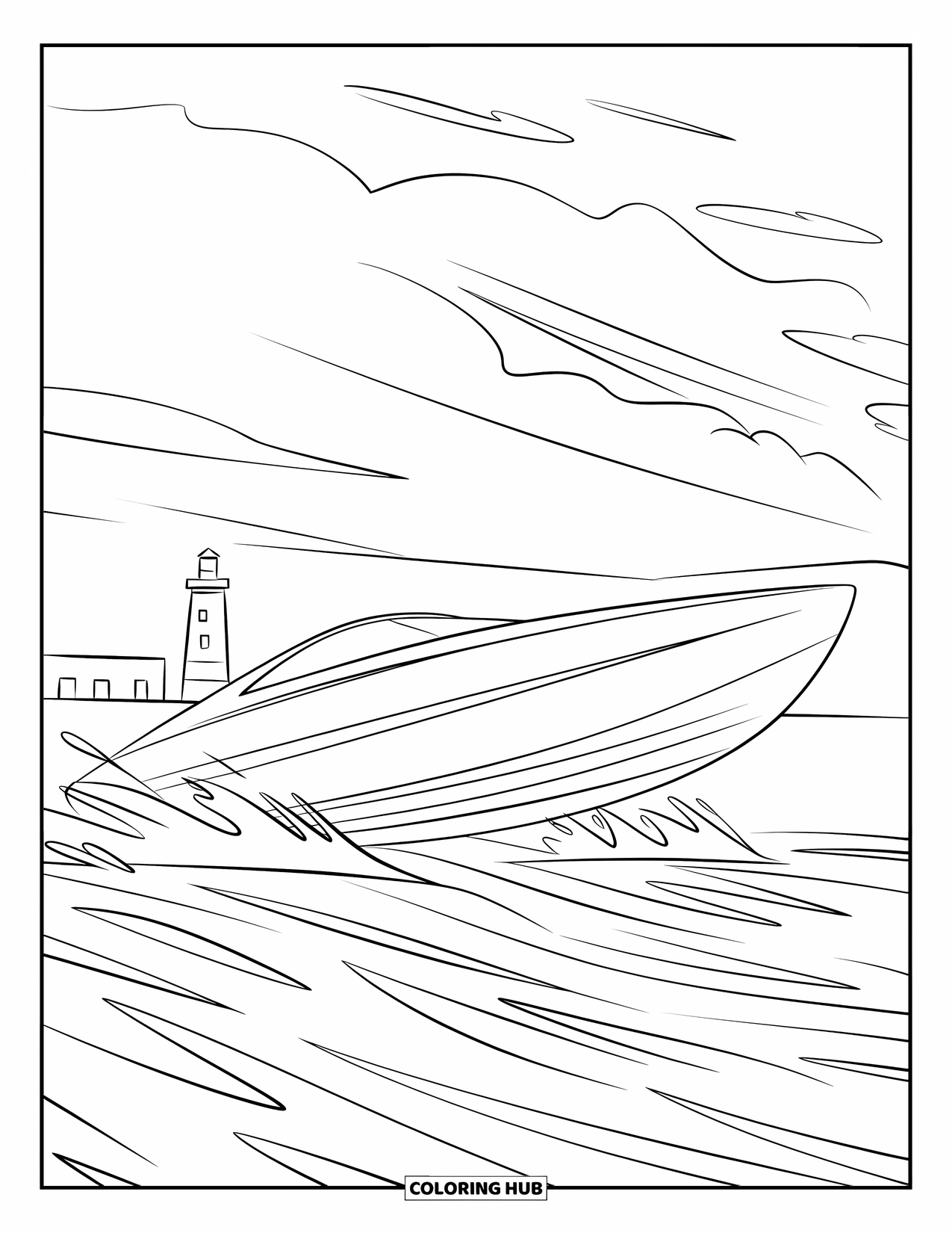 Desenho de Barco para Colorir para Crianças: Uma lancha moderna corta as ondas, com um farol ao longe
